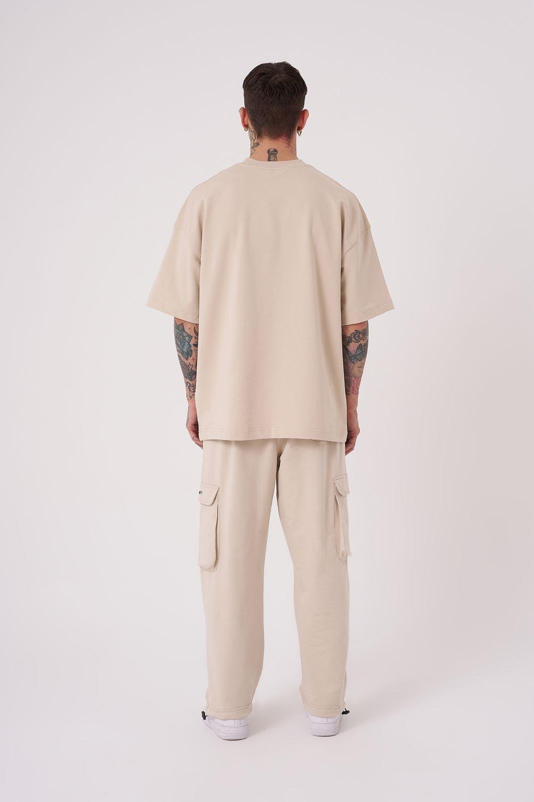 Erkek Flower Patch Baskılı Oversize Tişört Açık Bej