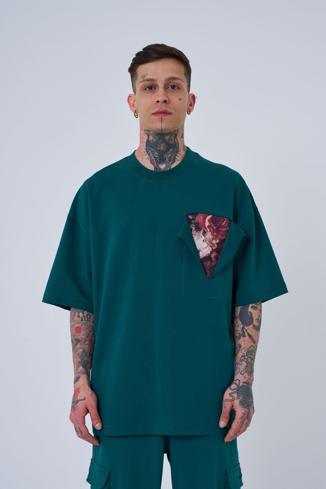 Erkek Flower Patch Baskılı Oversize Tişört Yağ Yeşili