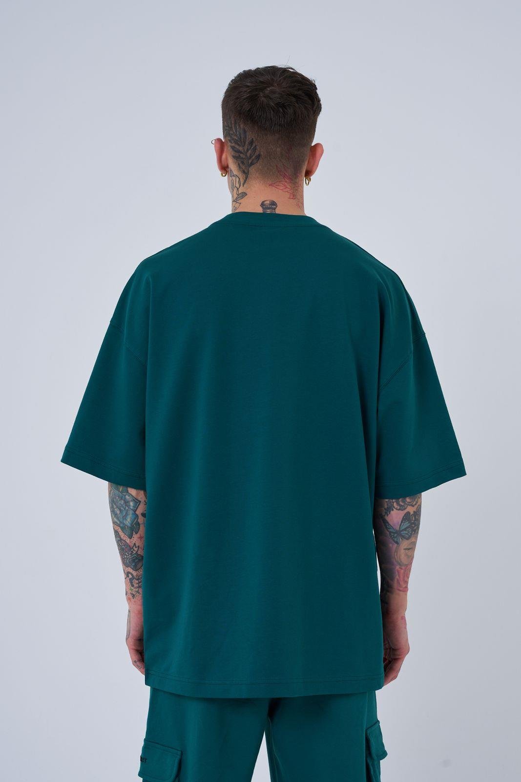 Erkek Flower Patch Baskılı Oversize Tişört Yağ Yeşili