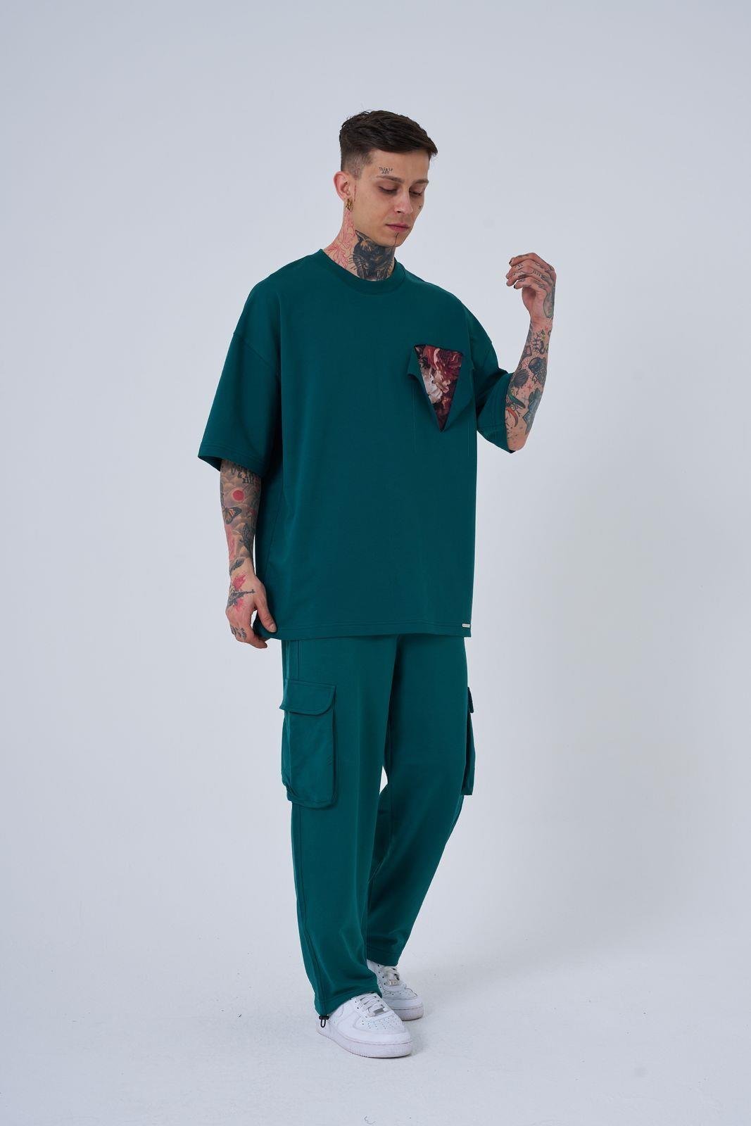 Erkek Flower Patch Baskılı Oversize Tişört Yağ Yeşili
