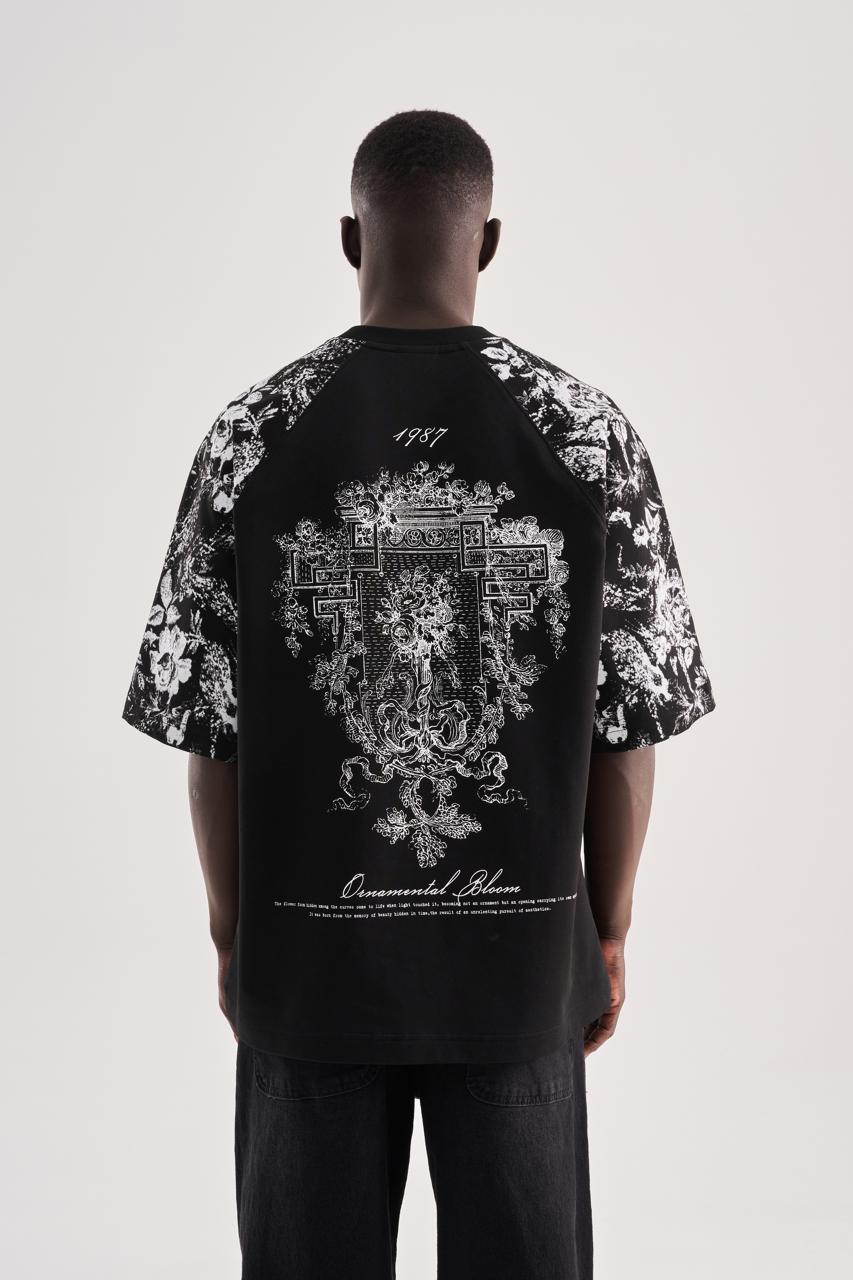 Erkek Flower Printed Oversize Tişört Siyah