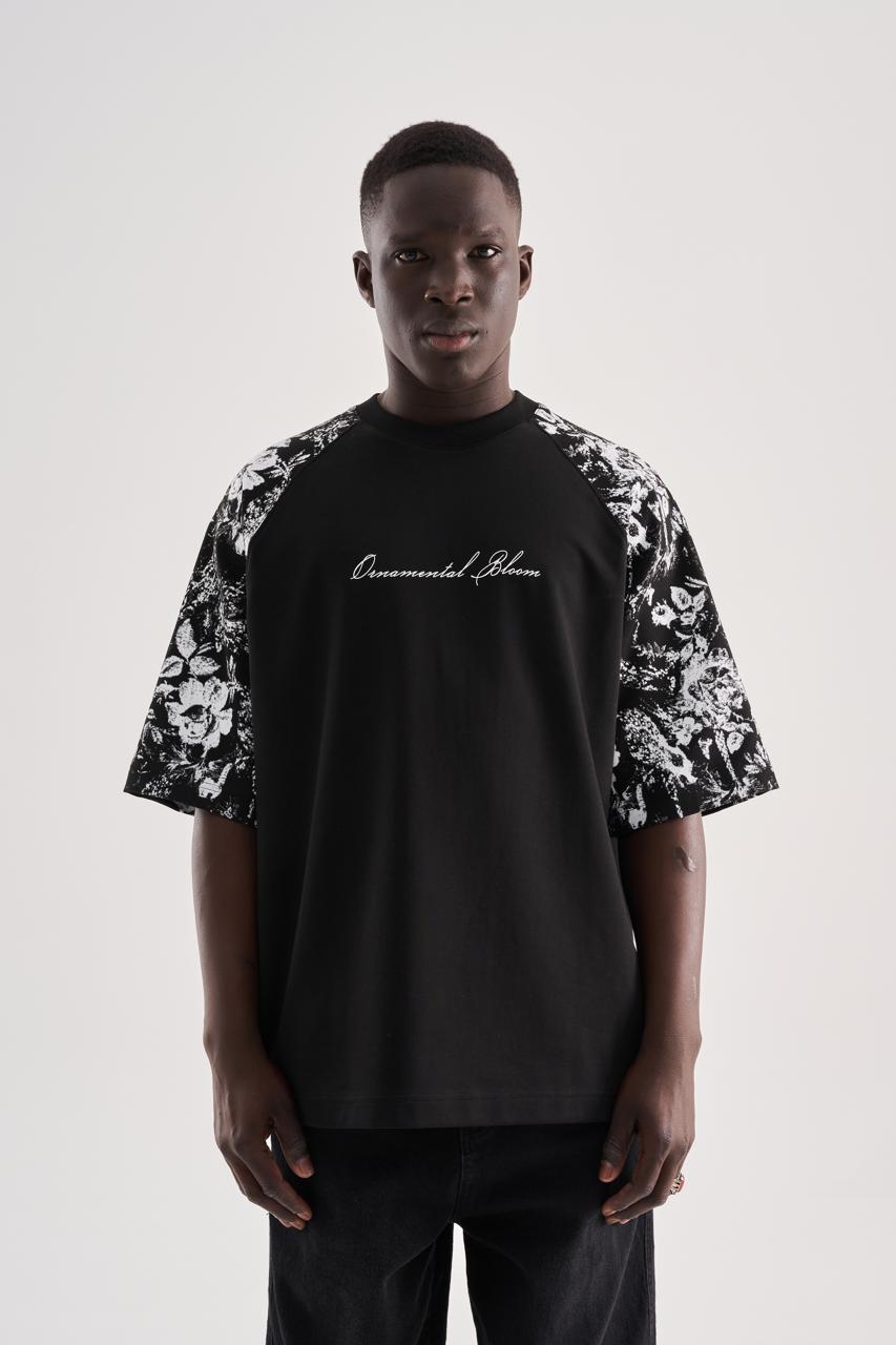 Erkek Flower Printed Oversize Tişört Siyah