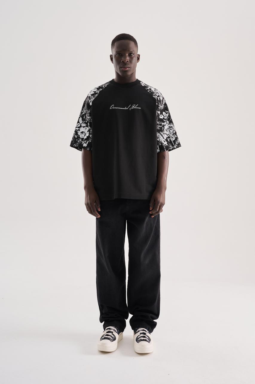 Erkek Flower Printed Oversize Tişört Siyah
