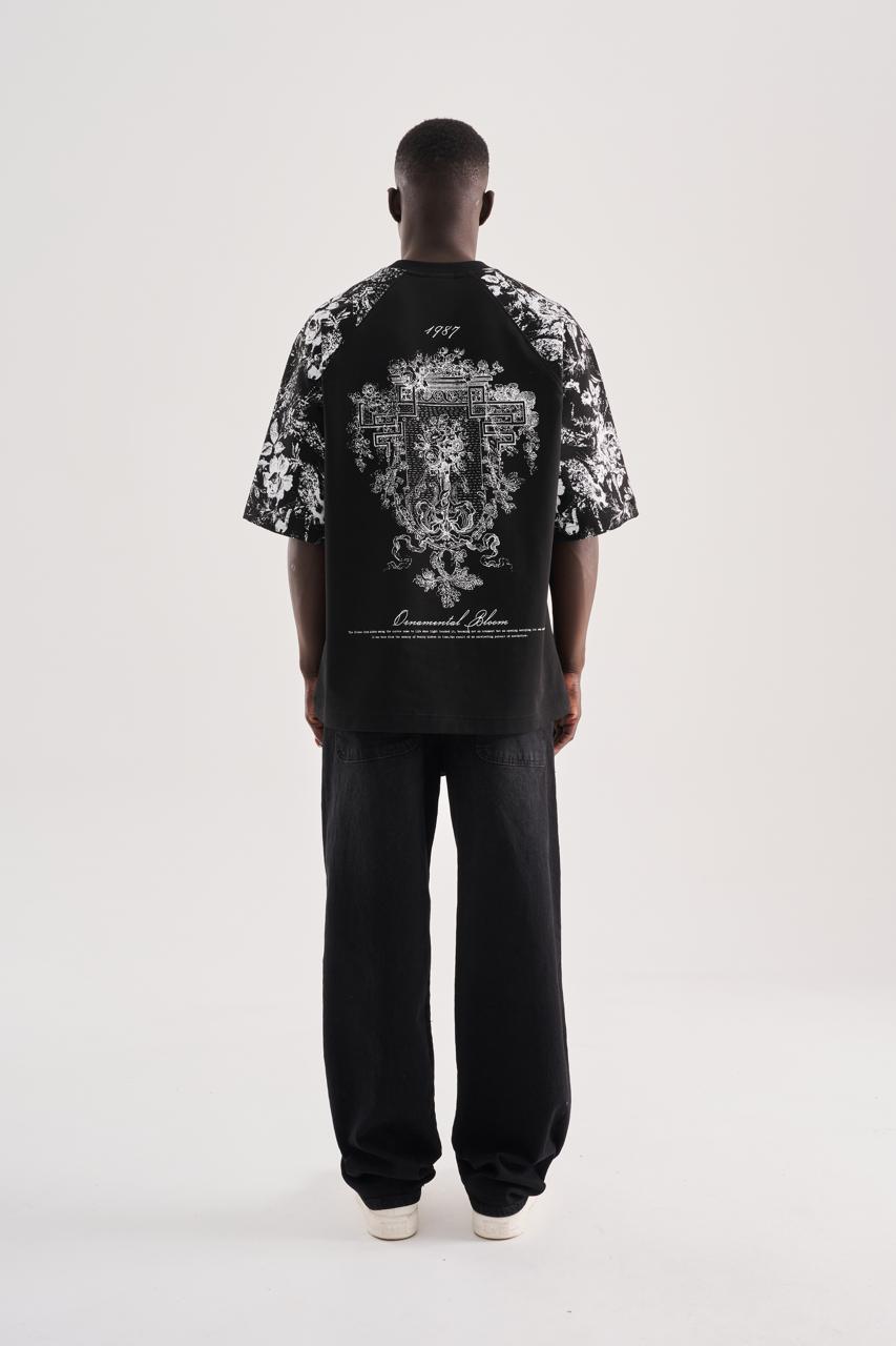 Erkek Flower Printed Oversize Tişört Siyah
