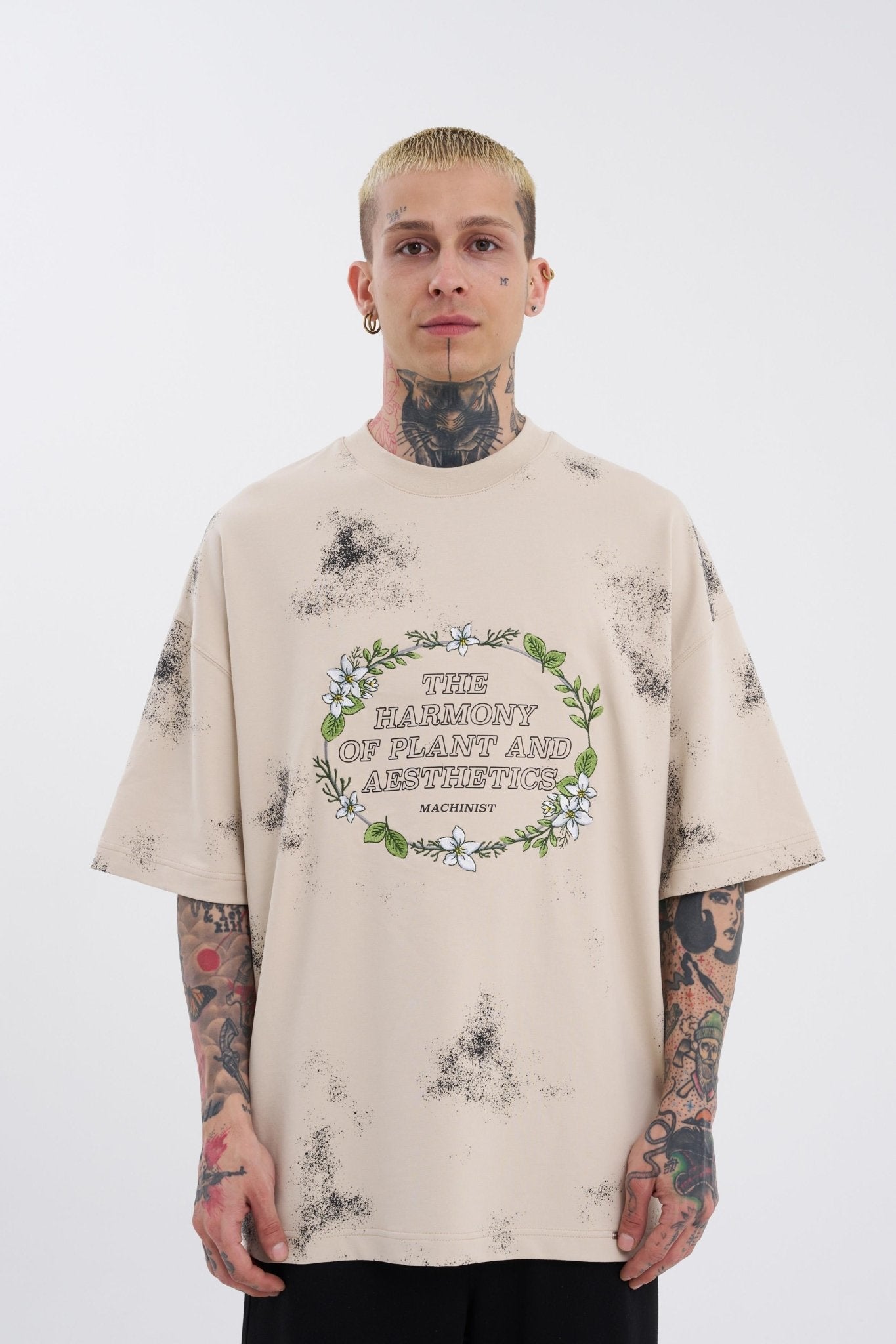 Erkek Flowers Oversize Tişört Açık Bej