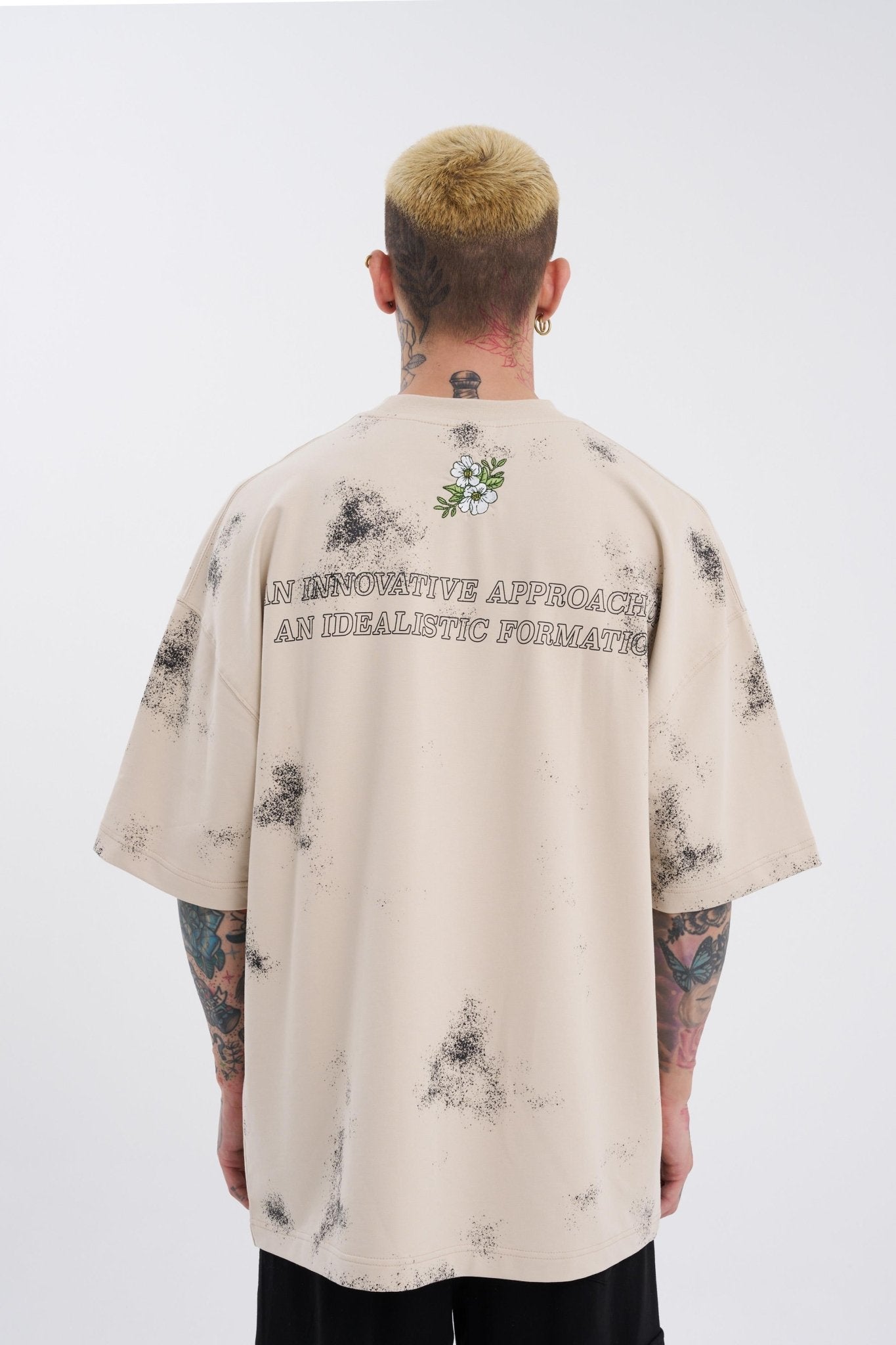 Erkek Flowers Oversize Tişört Açık Bej