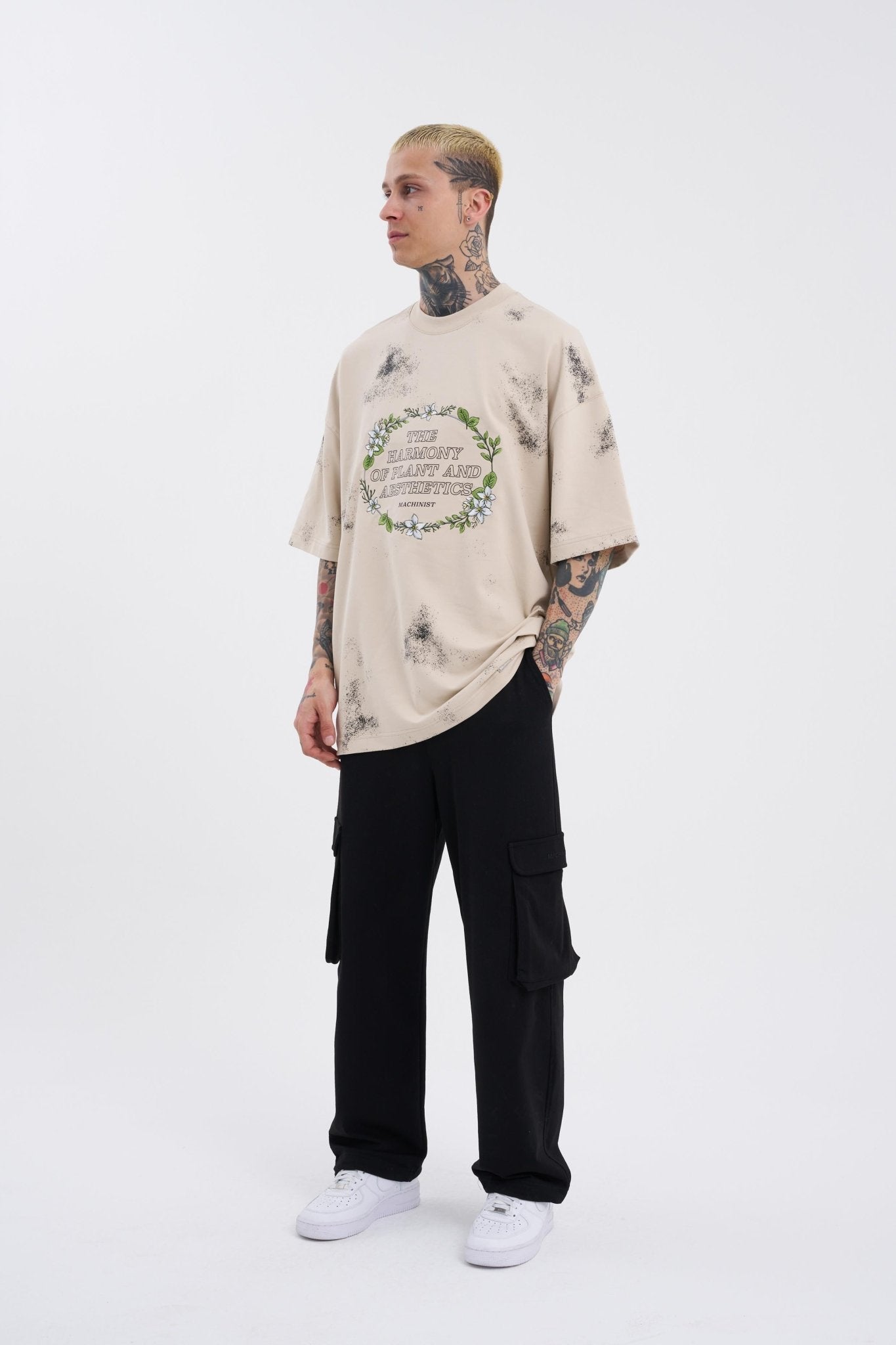 Erkek Flowers Oversize Tişört Açık Bej