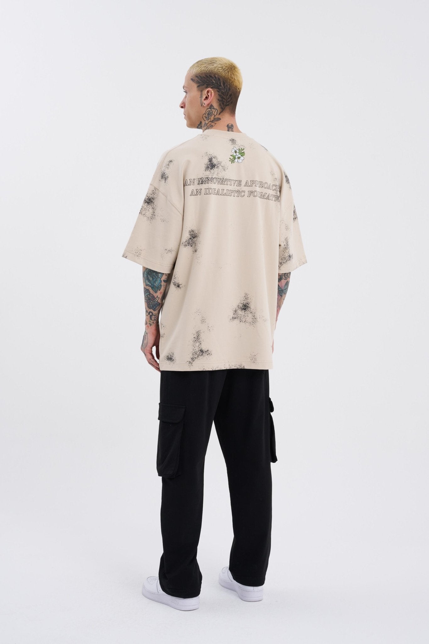Erkek Flowers Oversize Tişört Açık Bej