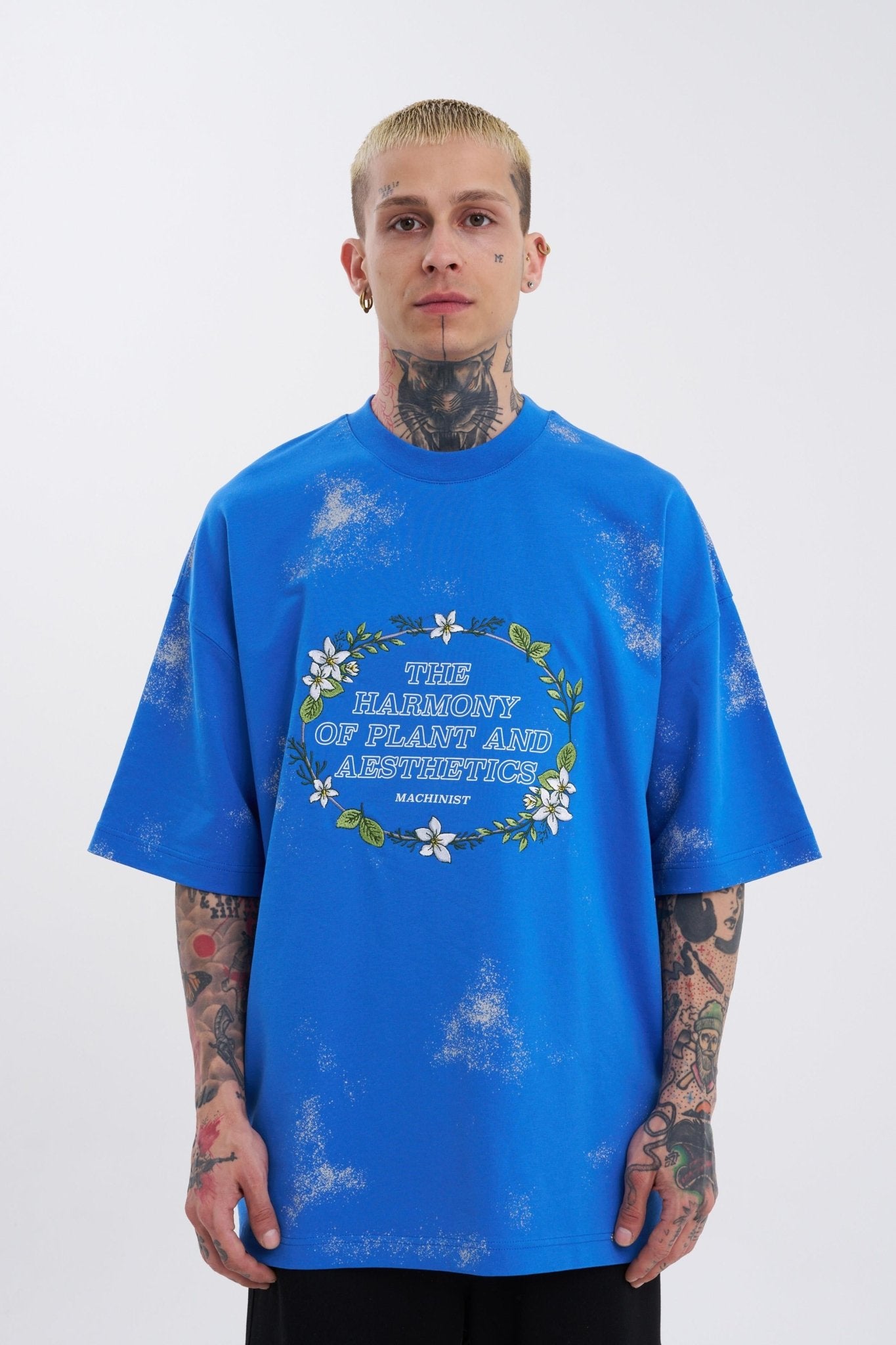 Erkek Flowers Oversize Tişört Açık Mavi