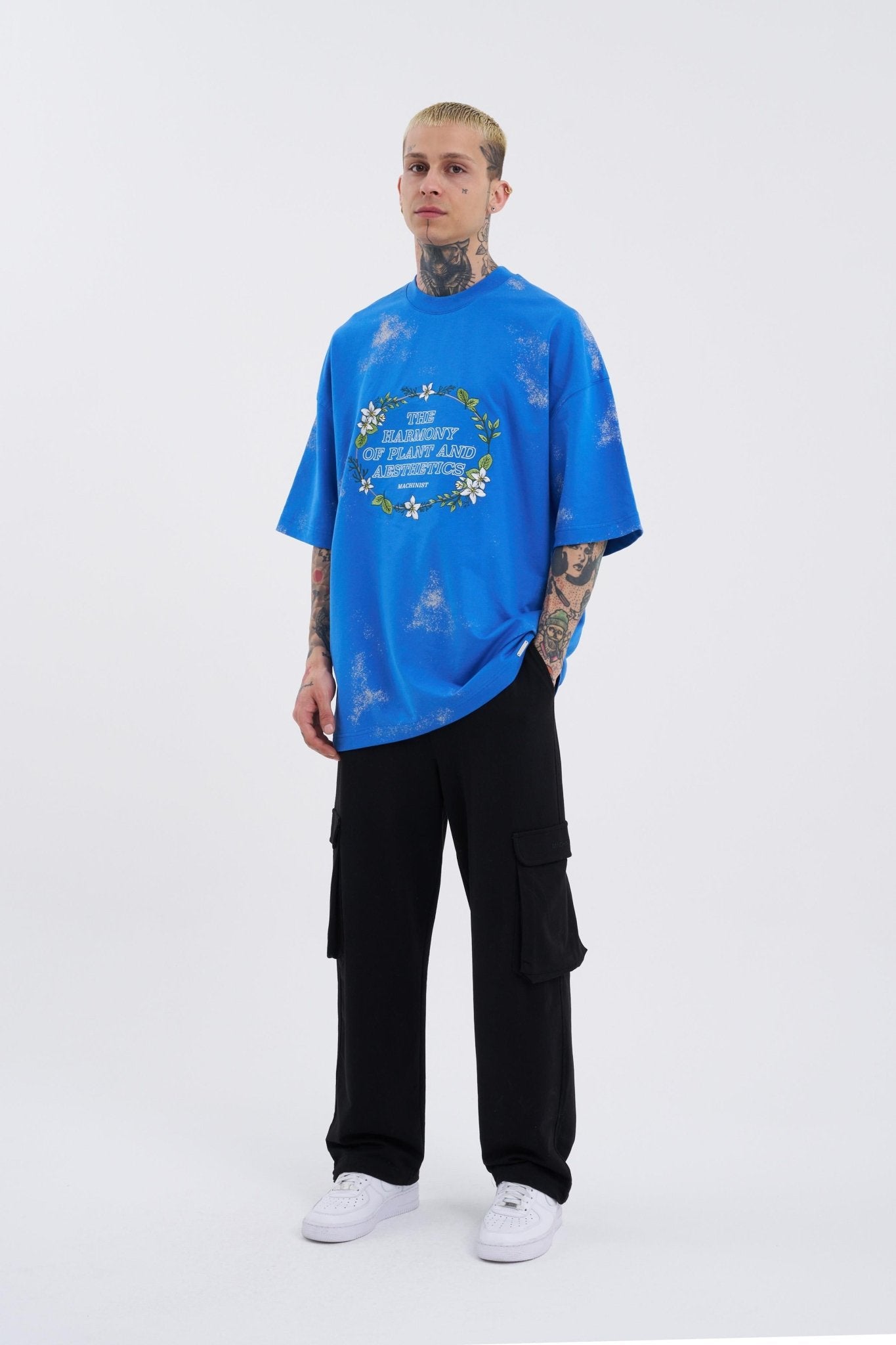 Erkek Flowers Oversize Tişört Açık Mavi