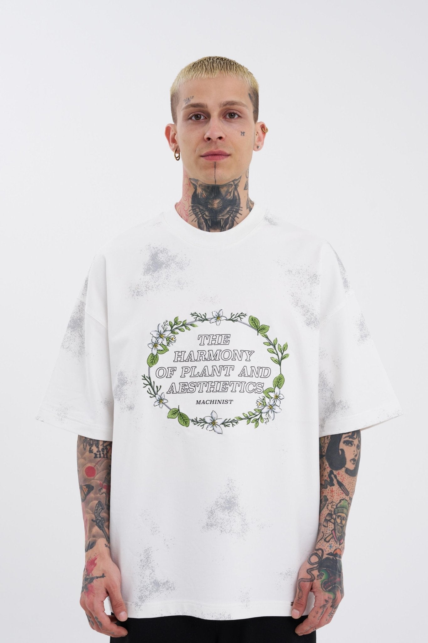 Erkek Flowers Oversize Tişört Ekru