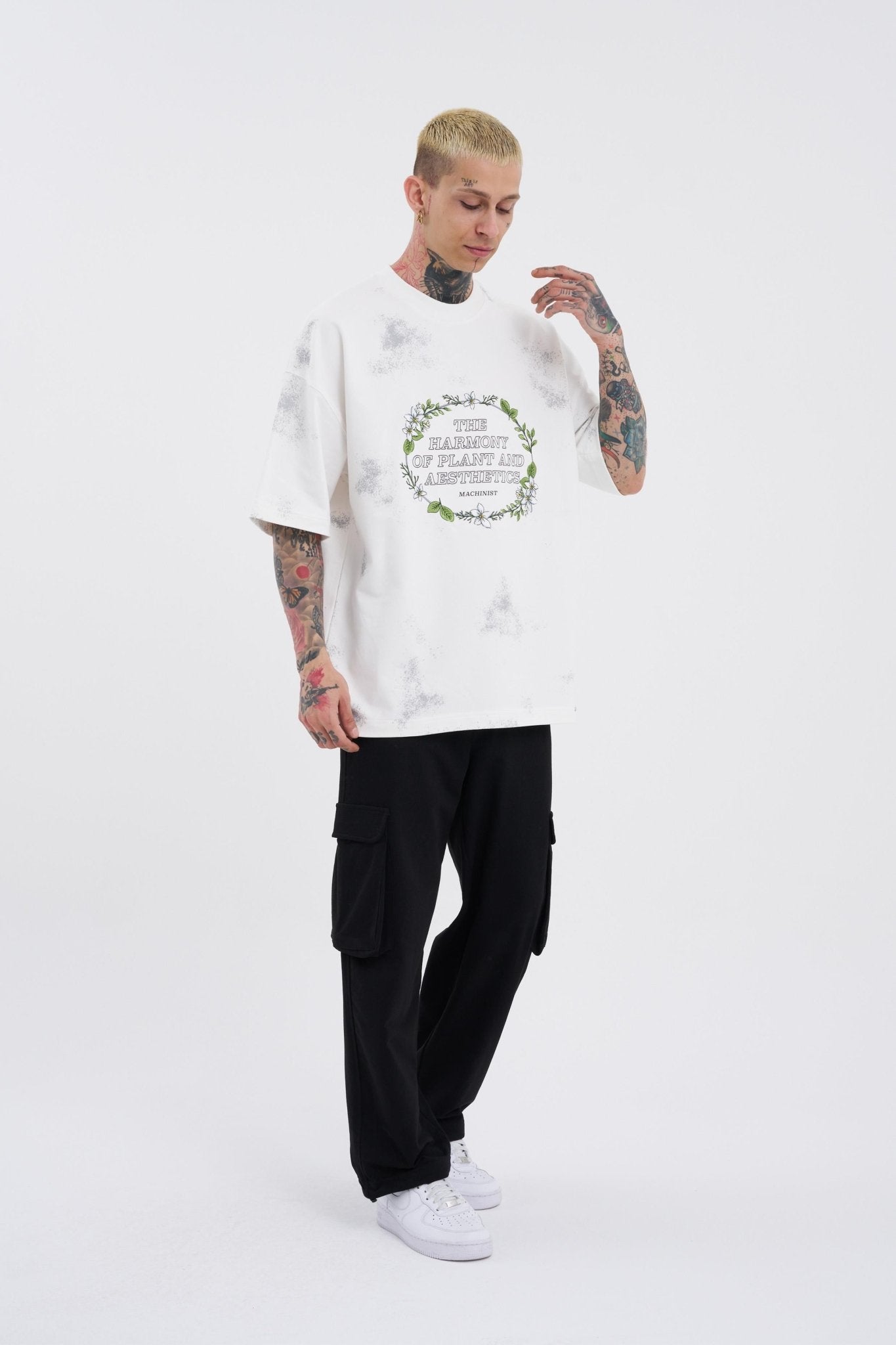 Erkek Flowers Oversize Tişört Ekru