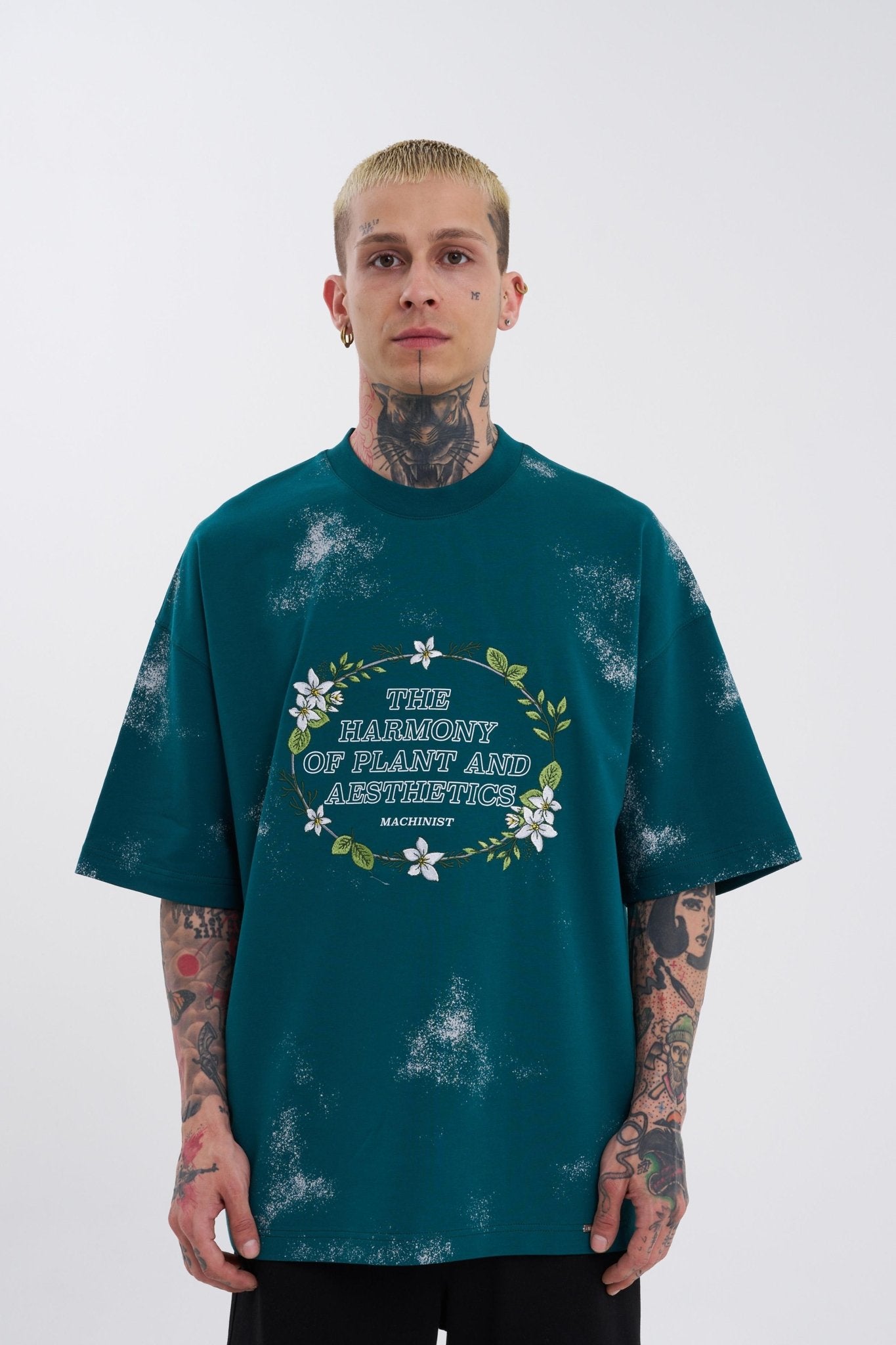 Erkek Flowers Oversize Tişört Yağ Yeşili