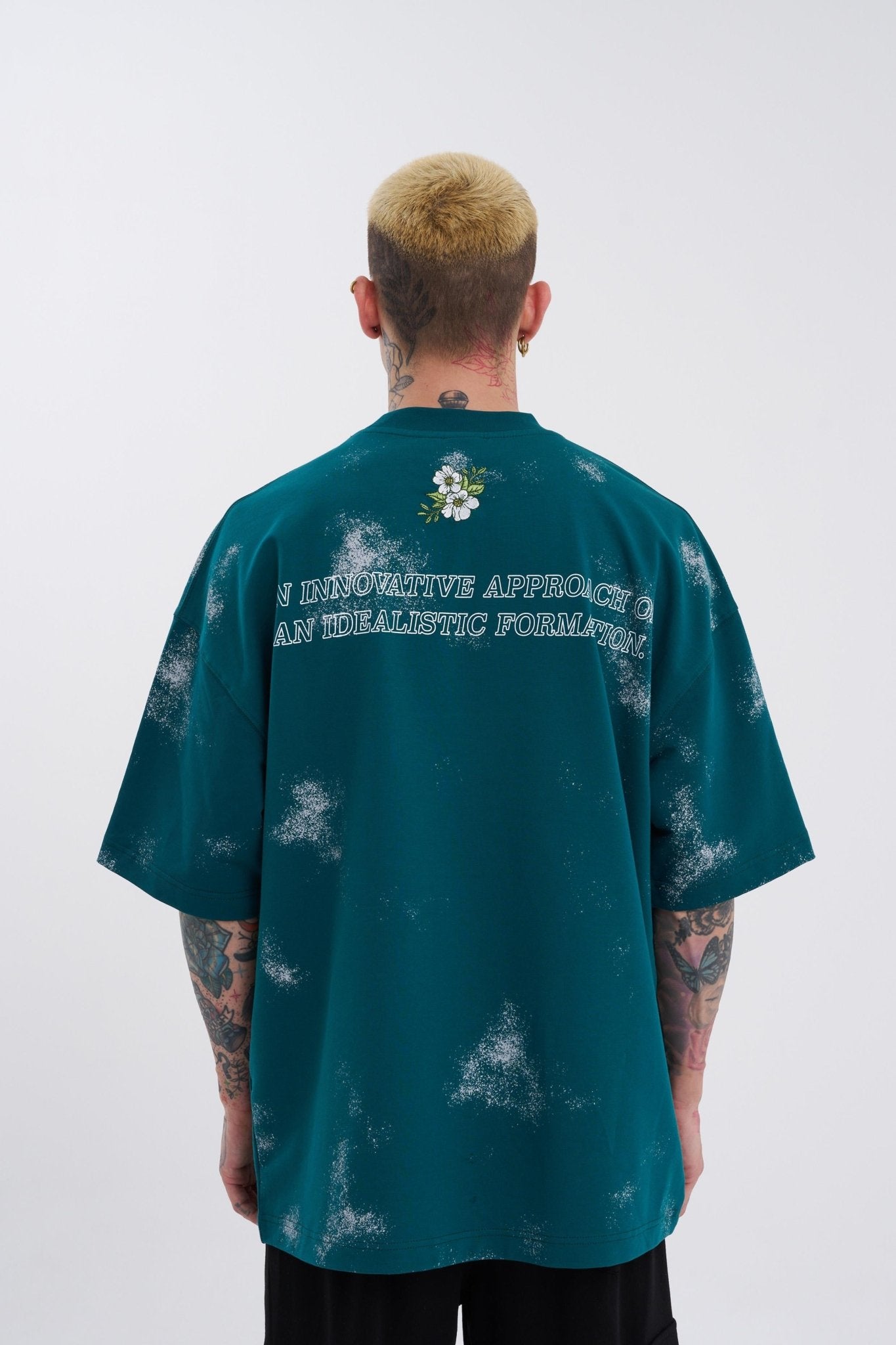 Erkek Flowers Oversize Tişört Yağ Yeşili
