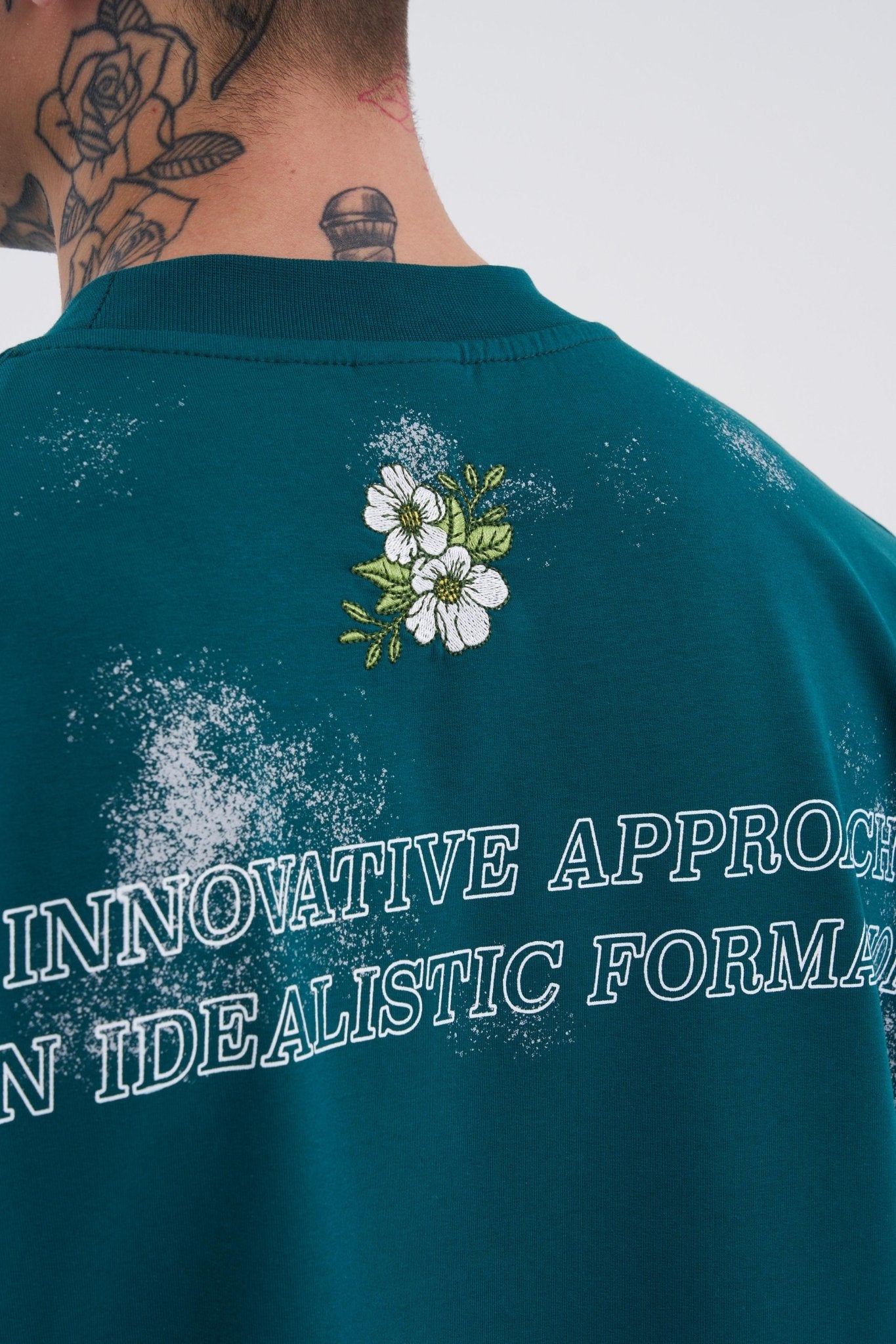 Erkek Flowers Oversize Tişört Yağ Yeşili