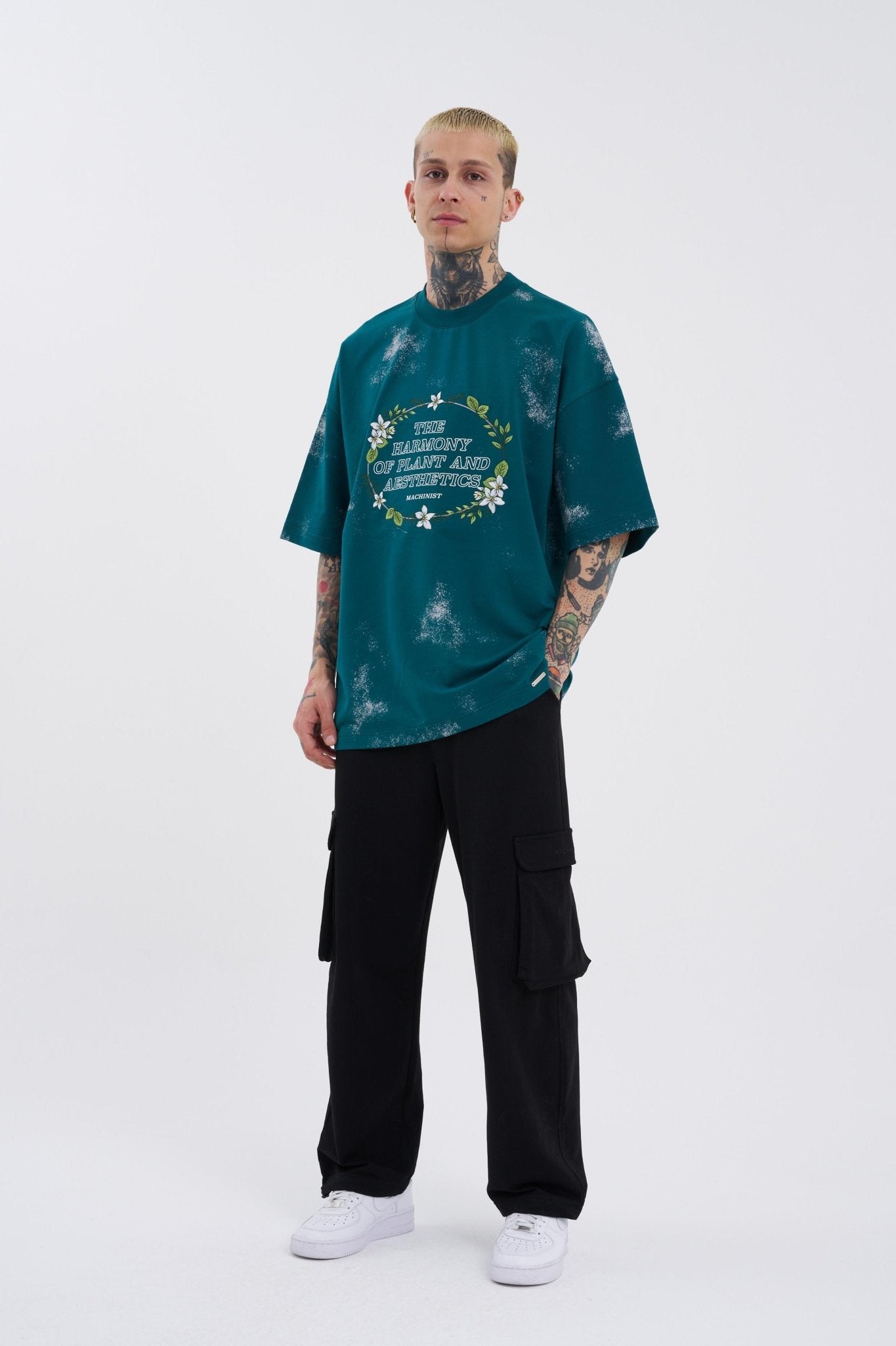 Erkek Flowers Oversize Tişört Yağ Yeşili