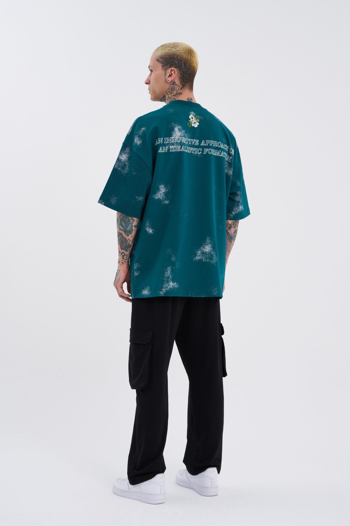 Erkek Flowers Oversize Tişört Yağ Yeşili