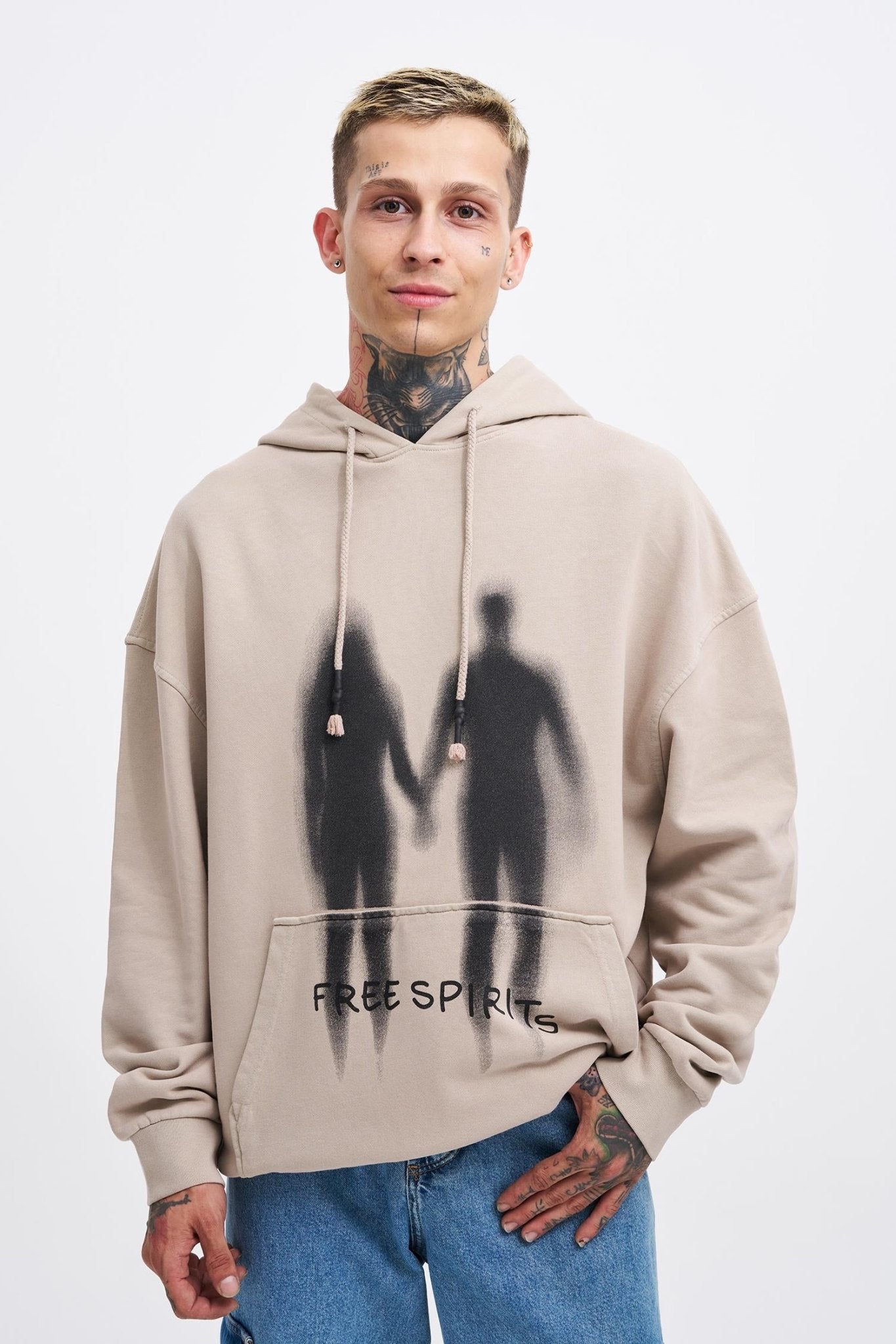 Erkek Free Sprit Yıkamalı Oversize Sweatshirt Açık Bej