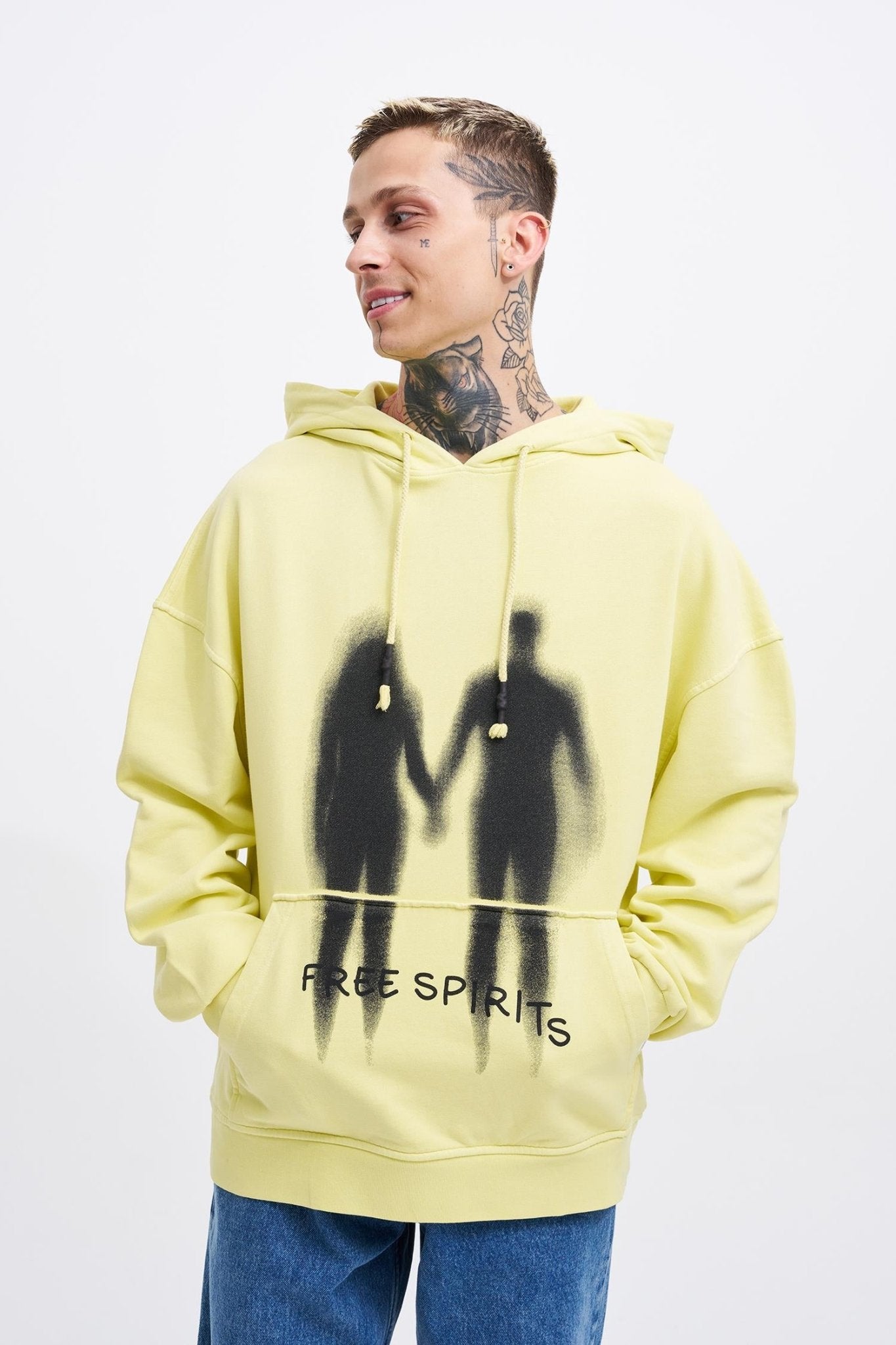 Erkek Free Sprit Yıkamalı Oversize Sweatshirt Açık Sarı