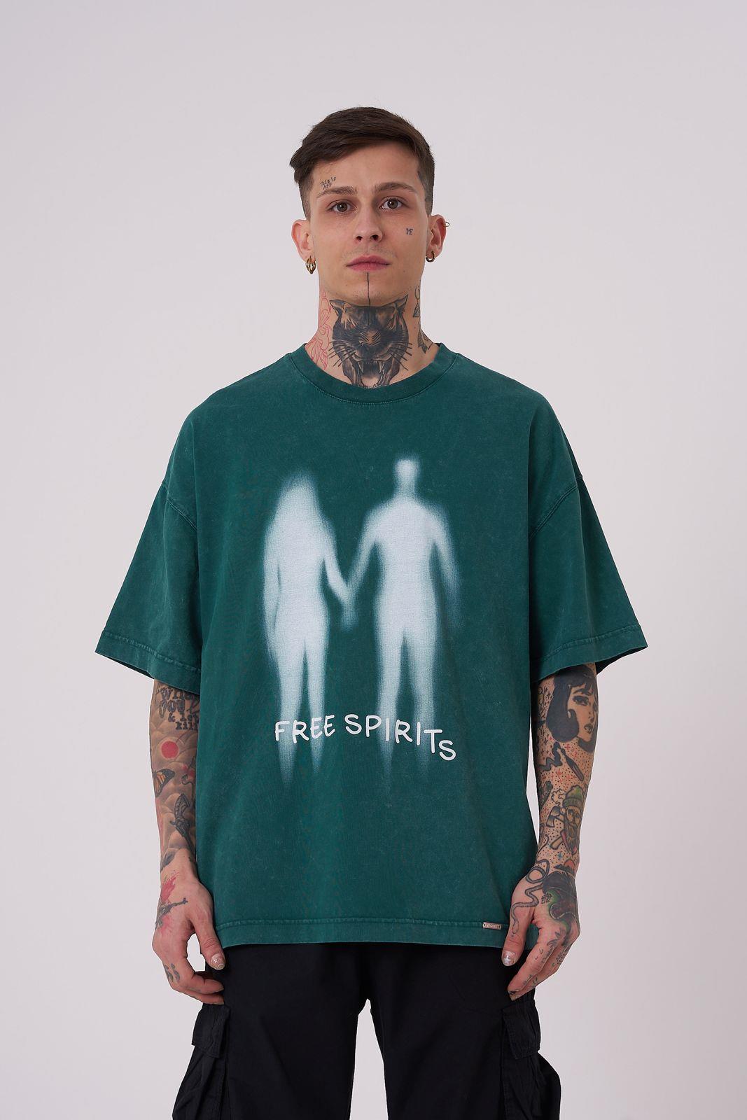 Erkek Free Sprit Yıkamalı Oversize Tişört Yağ Yeşili