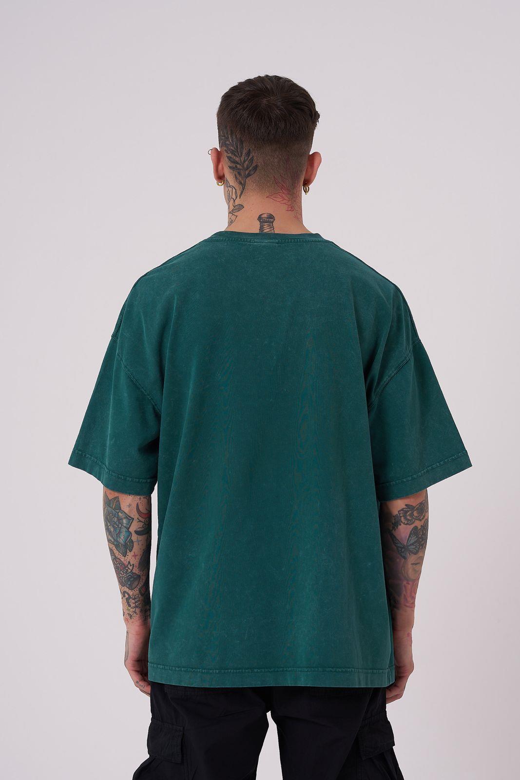 Erkek Free Sprit Yıkamalı Oversize Tişört Yağ Yeşili