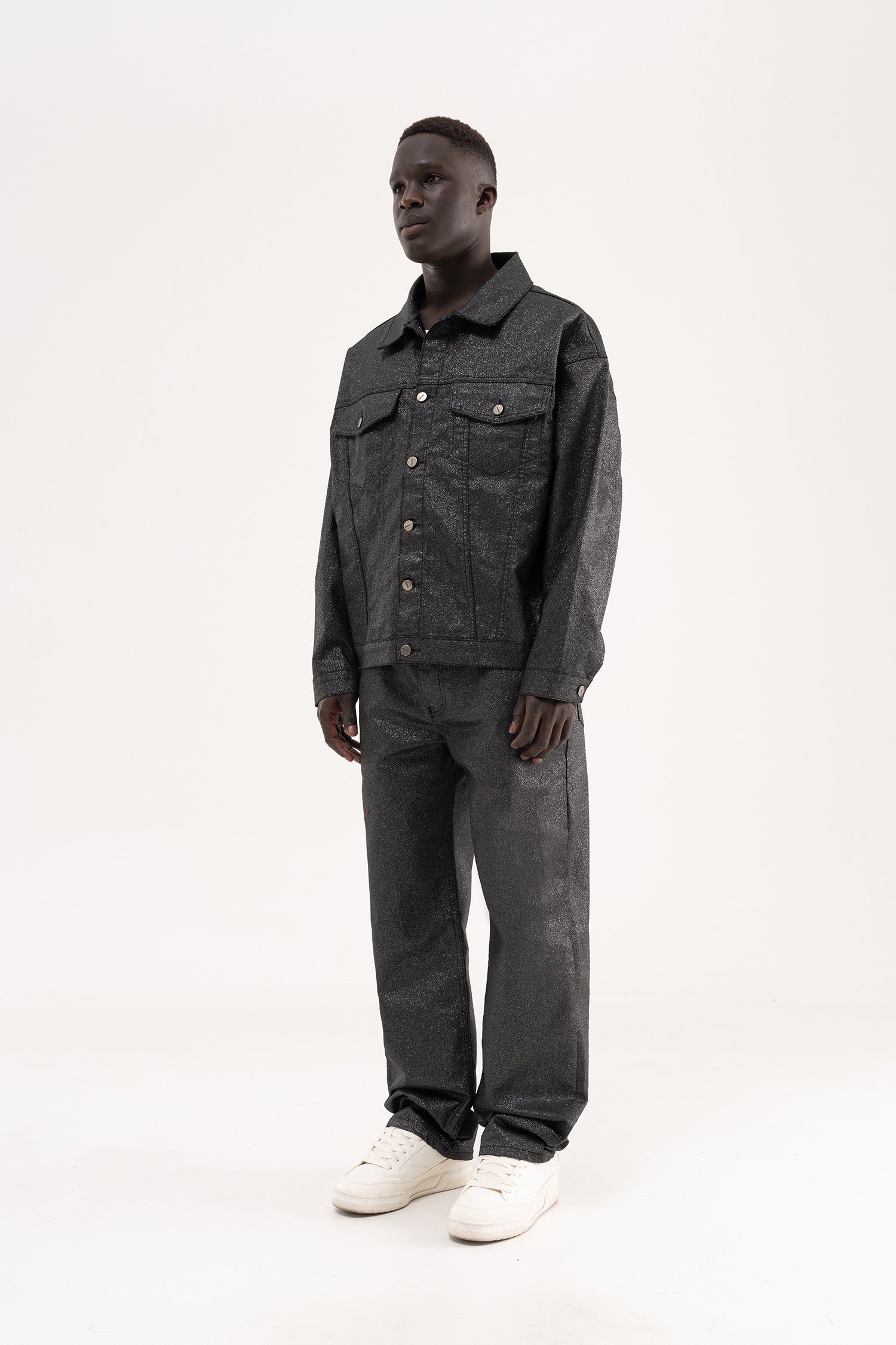 Erkek Glitery Oversize Jean Ceket Siyah-10