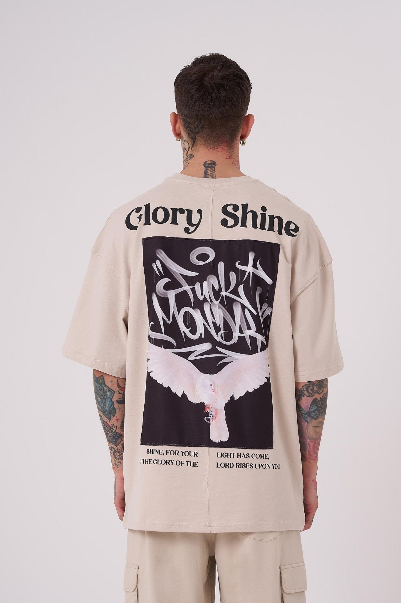 Erkek Glory Shine Baskılı Oversize Tişört Açık Bej