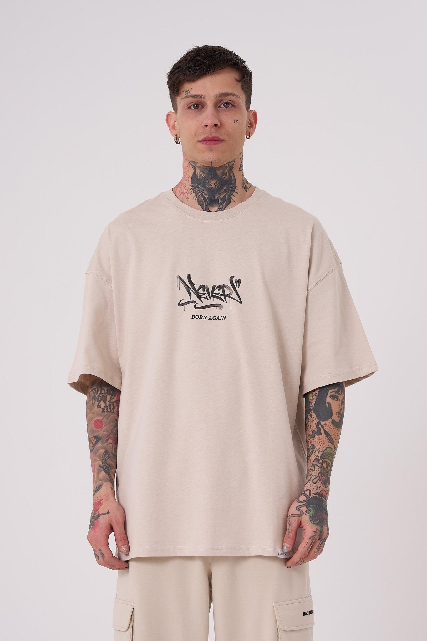 Erkek Glory Shine Baskılı Oversize Tişört Açık Bej