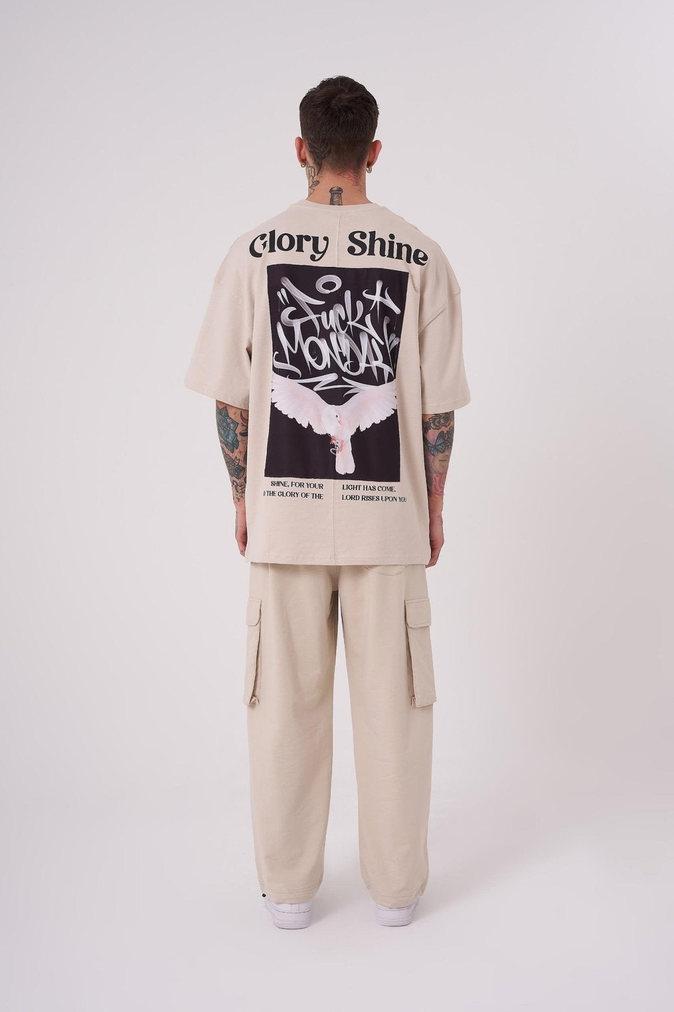 Erkek Glory Shine Baskılı Oversize Tişört Açık Bej