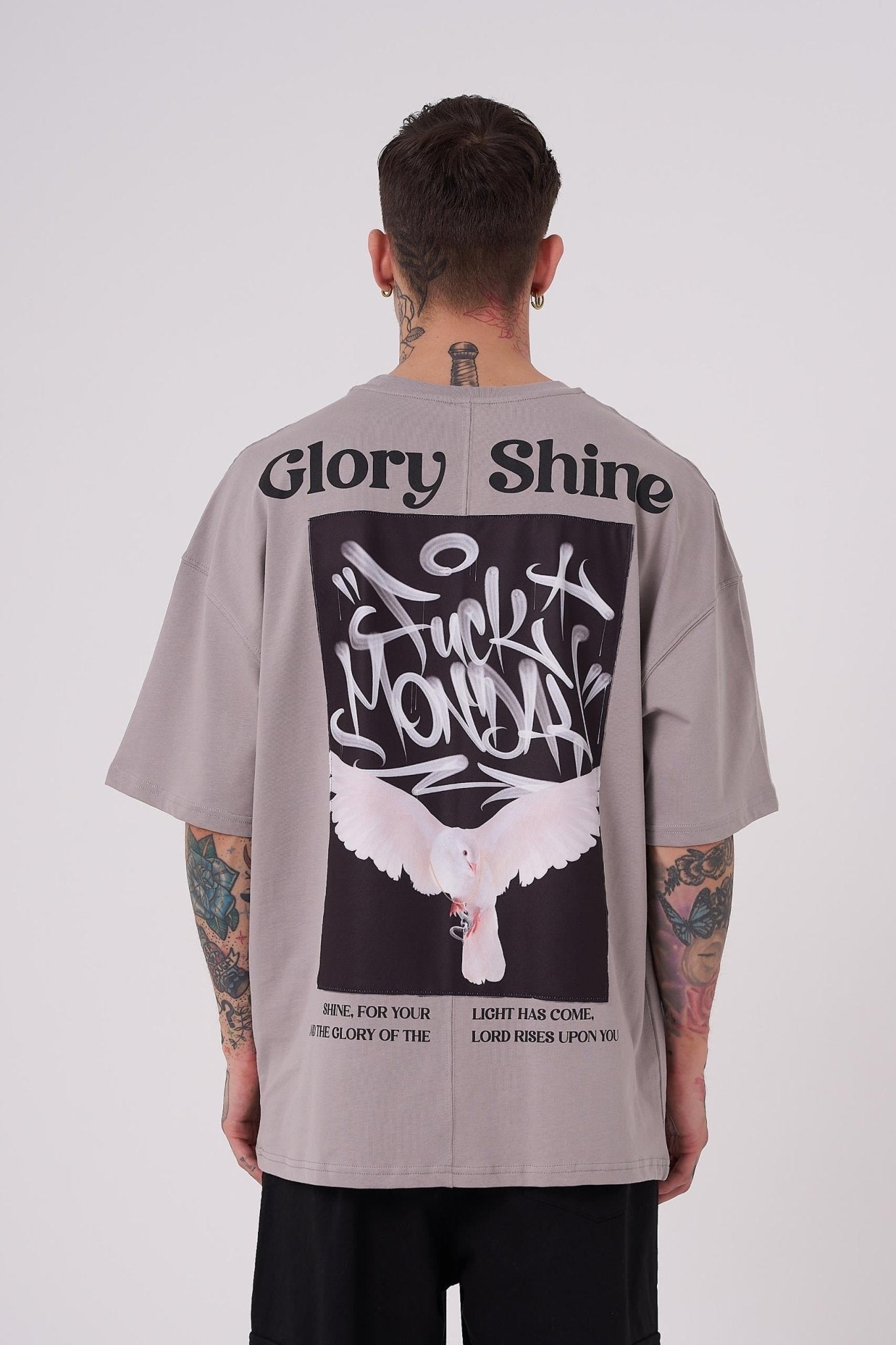Erkek Glory Shine Baskılı Oversize Tişört Açık Gri