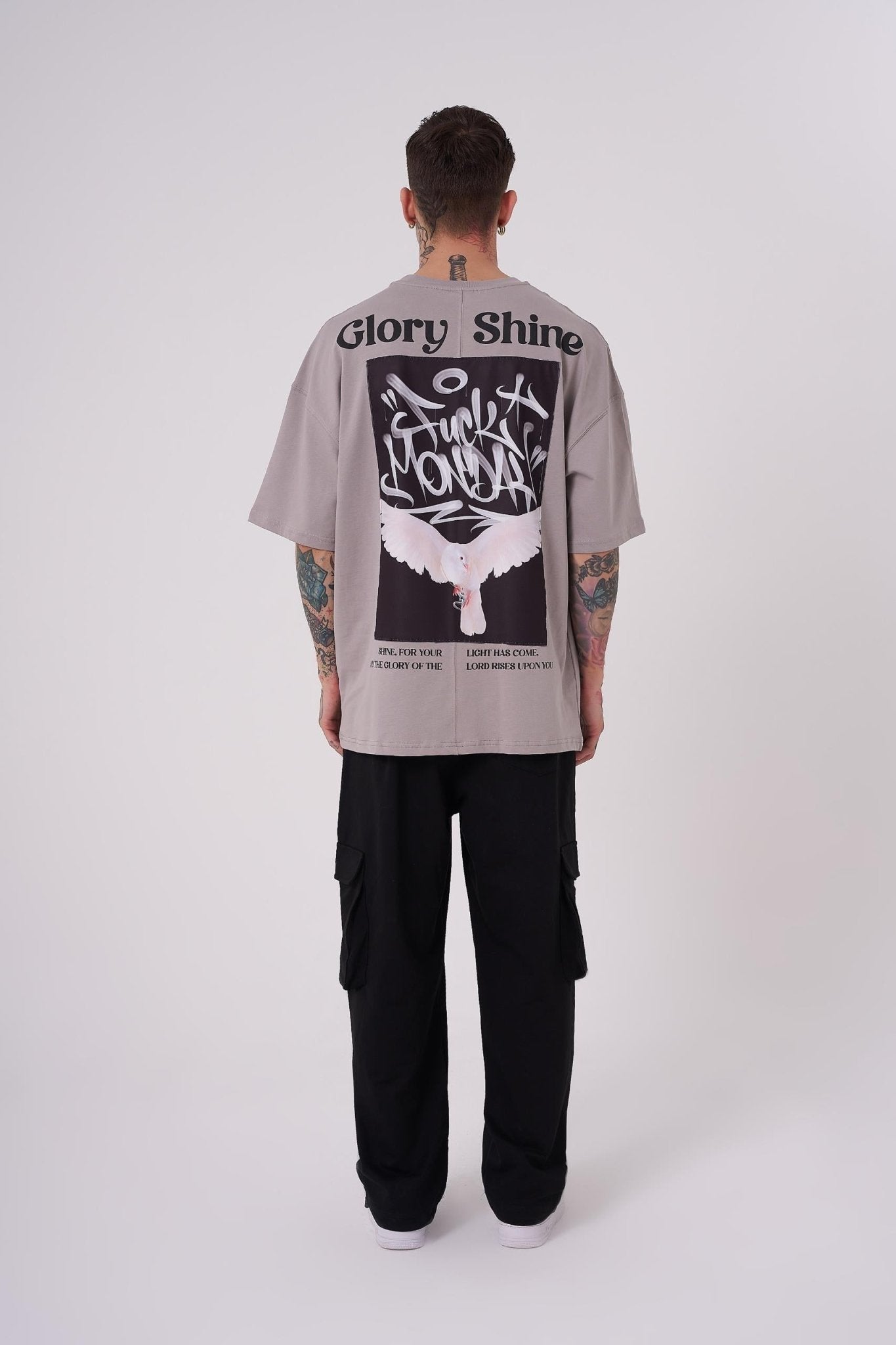 Erkek Glory Shine Baskılı Oversize Tişört Açık Gri