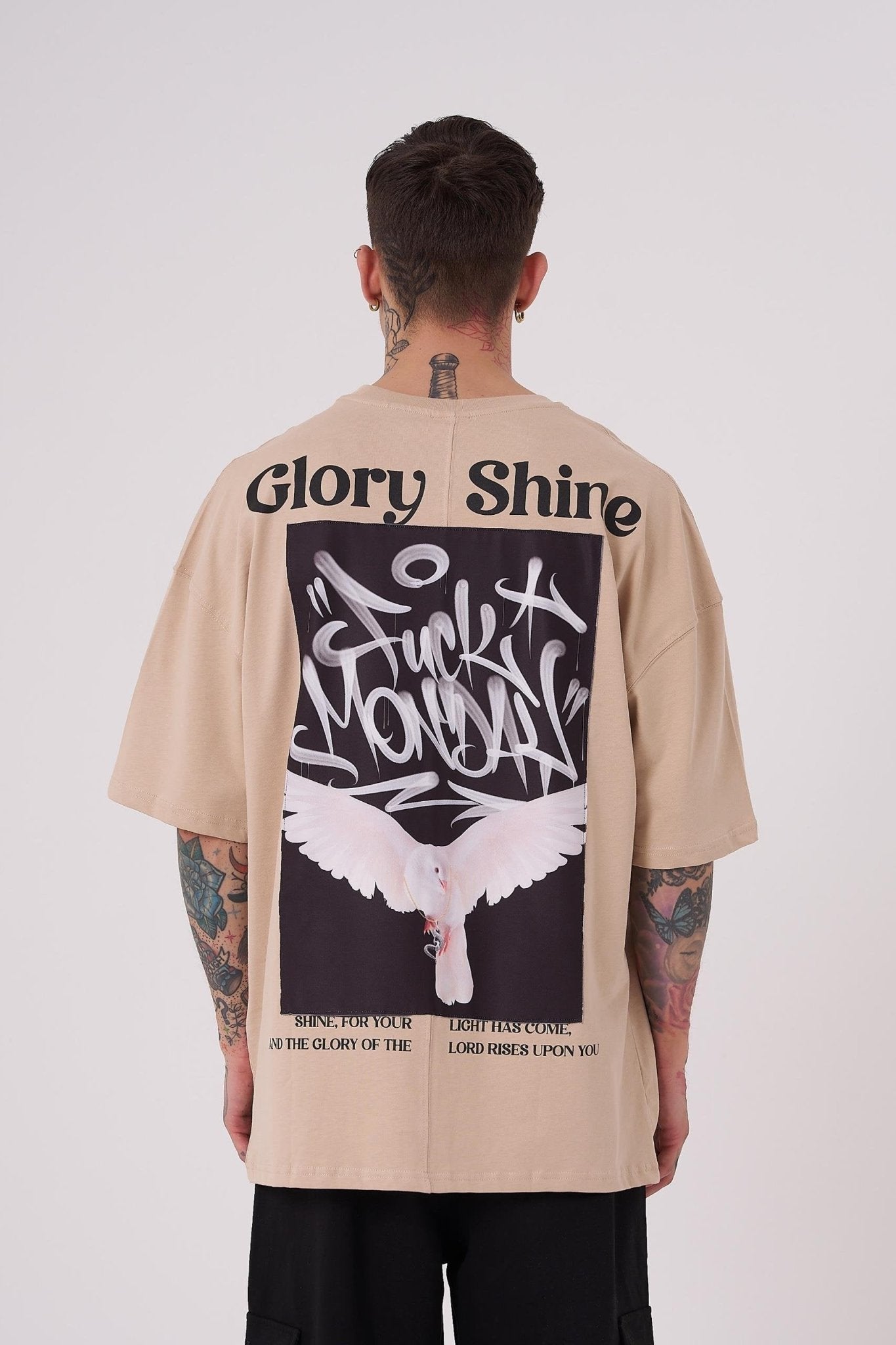 Erkek Glory Shine Baskılı Oversize Tişört Bej