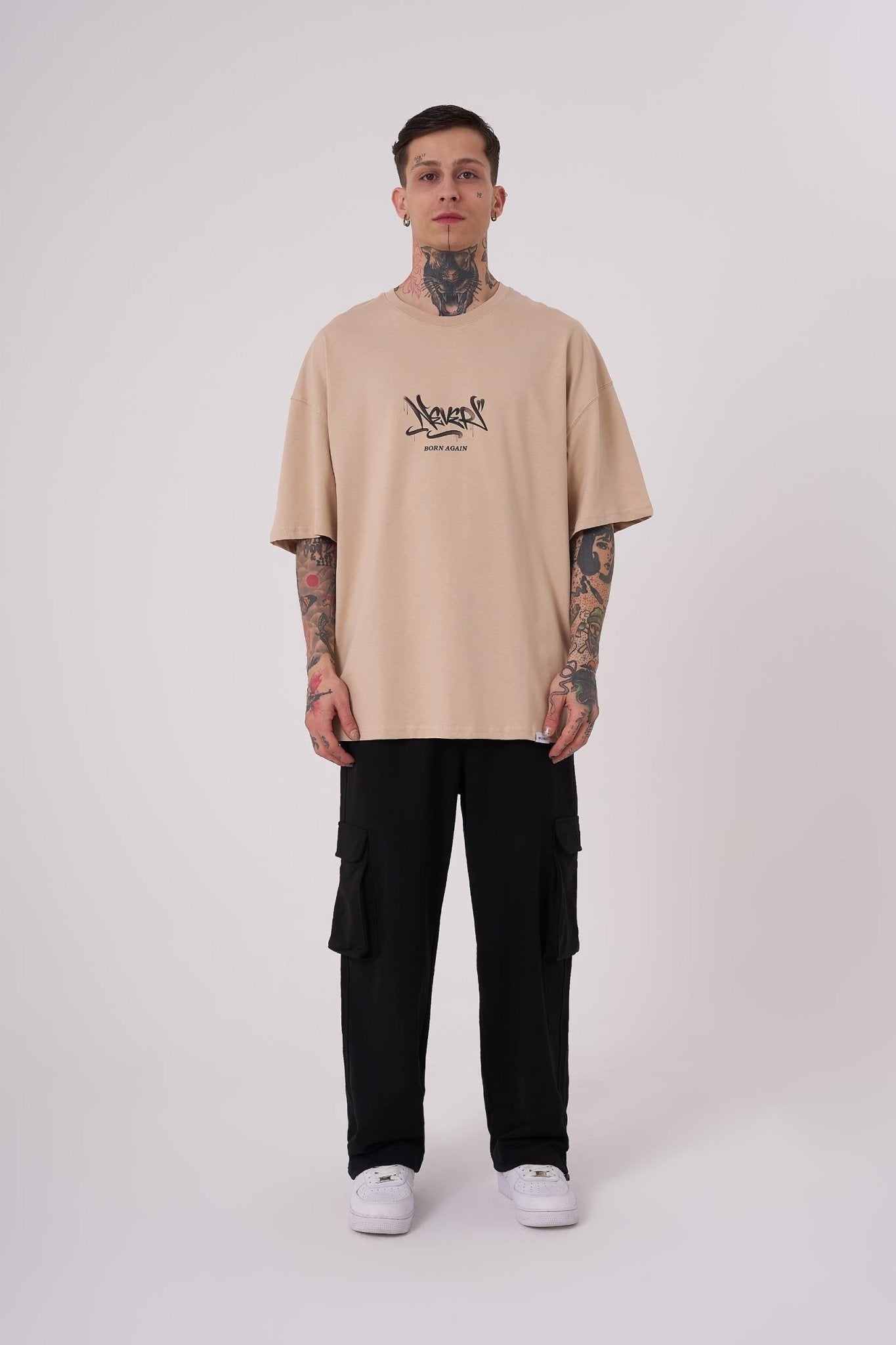 Erkek Glory Shine Baskılı Oversize Tişört Bej