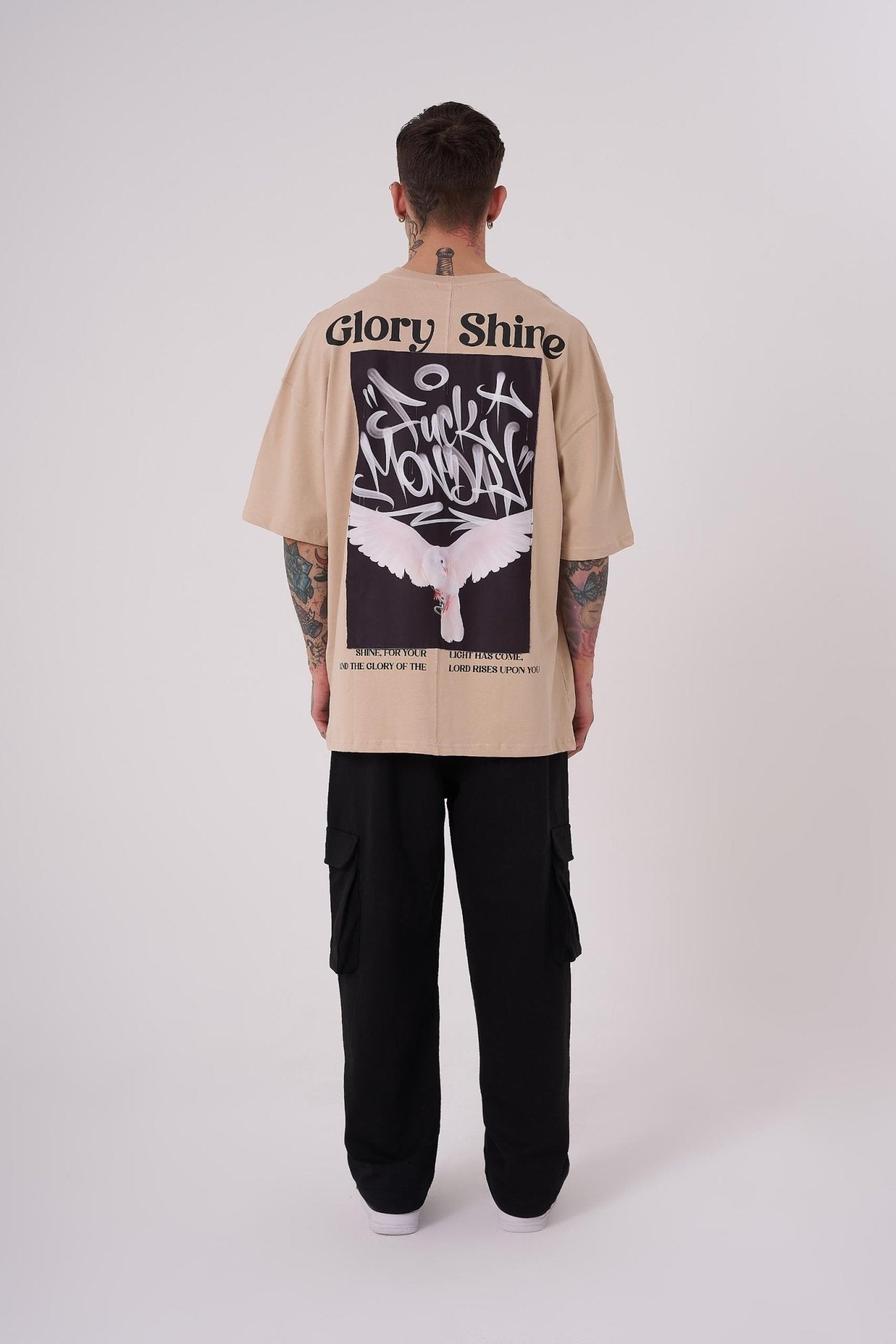Erkek Glory Shine Baskılı Oversize Tişört Bej