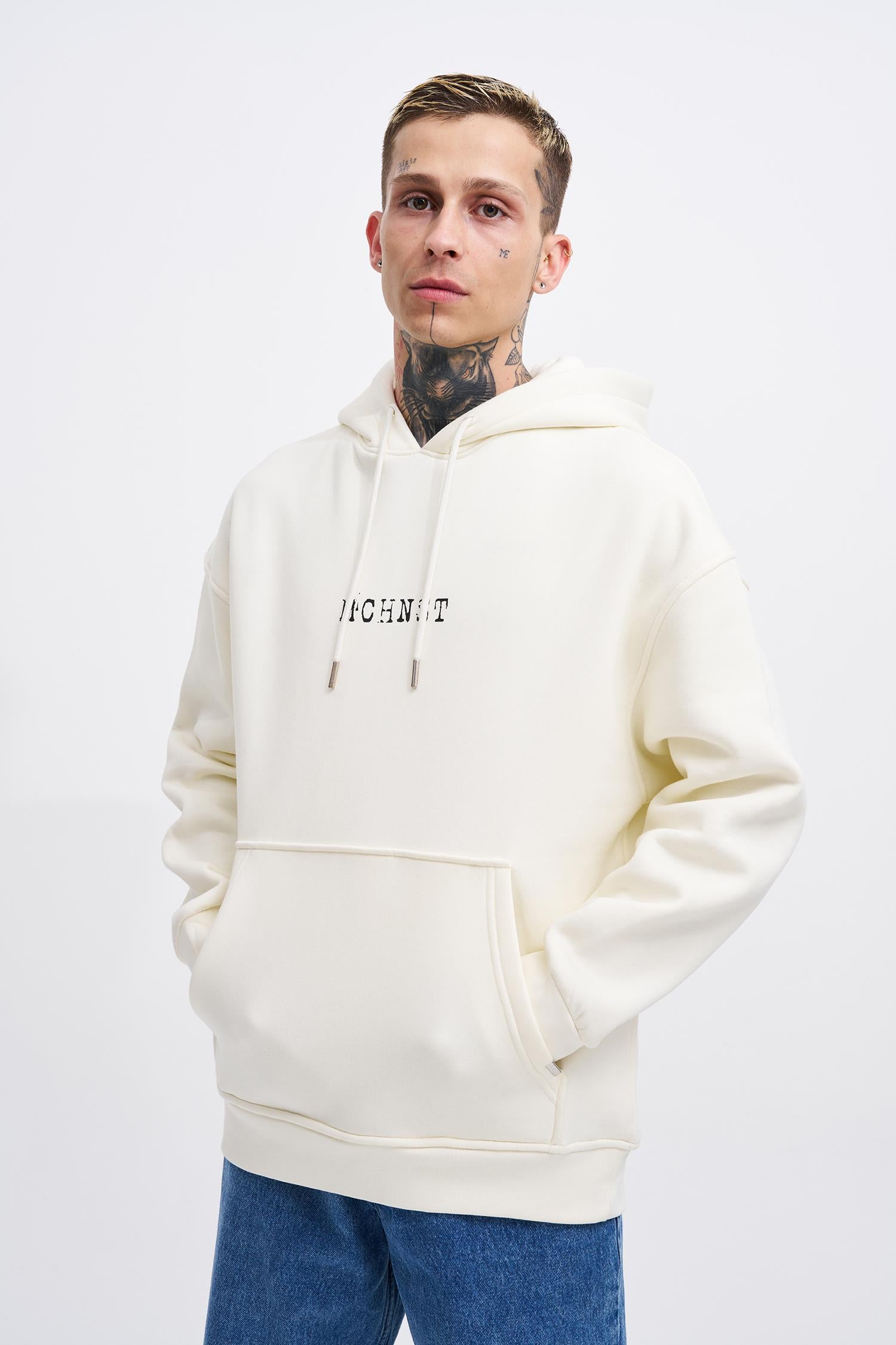 Erkek Good And Evil Baskılı Oversize Sweatshirt Ekru