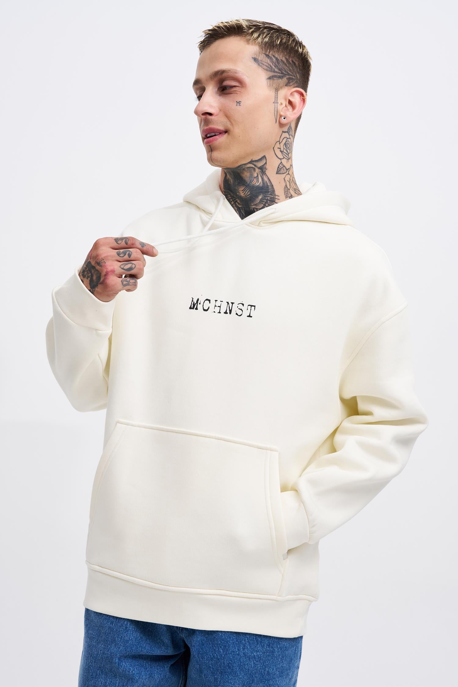 Erkek Good And Evil Baskılı Oversize Sweatshirt Ekru