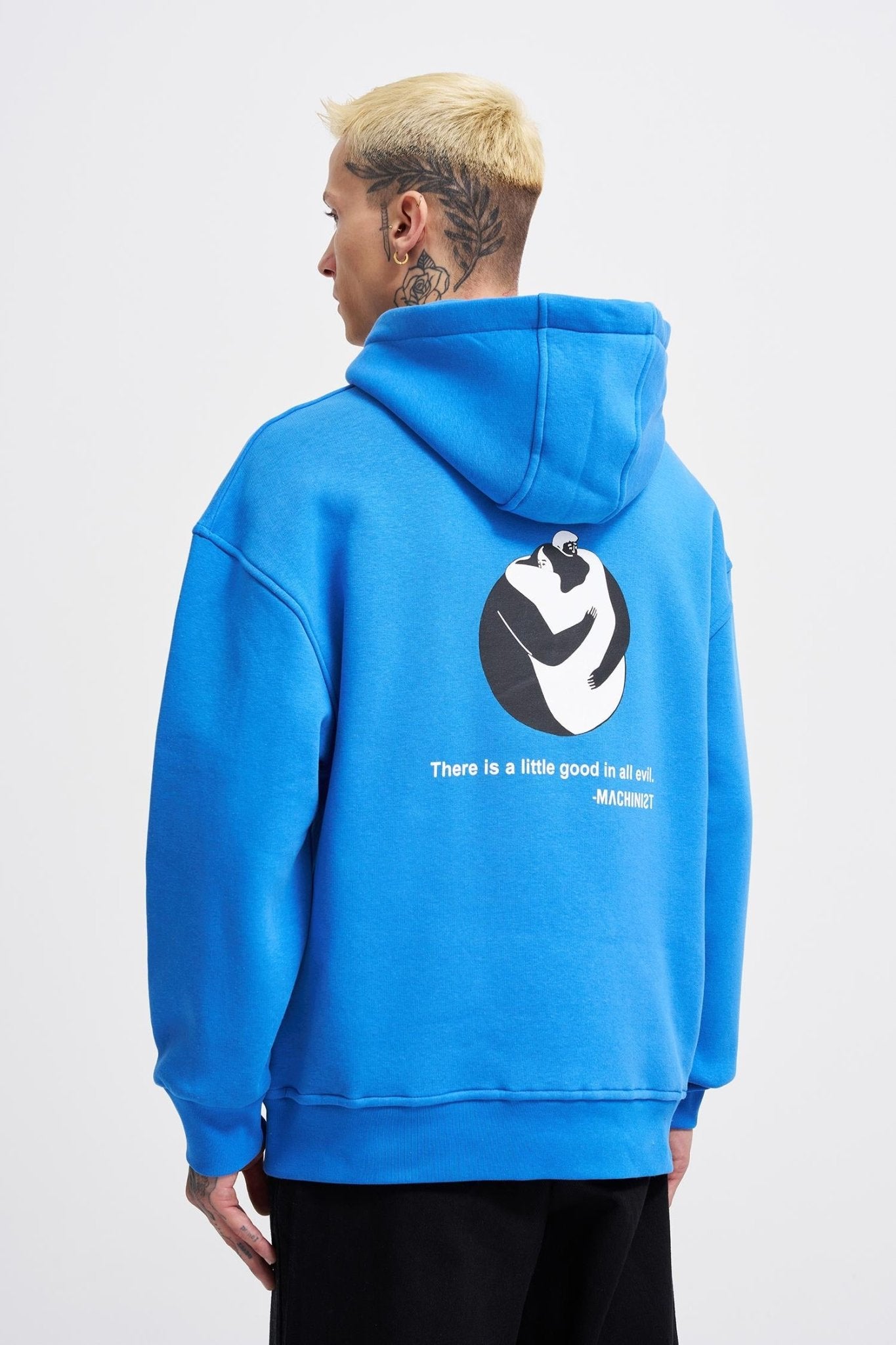 Erkek Good And Evil Baskılı Oversize Sweatshirt Saks Mavi