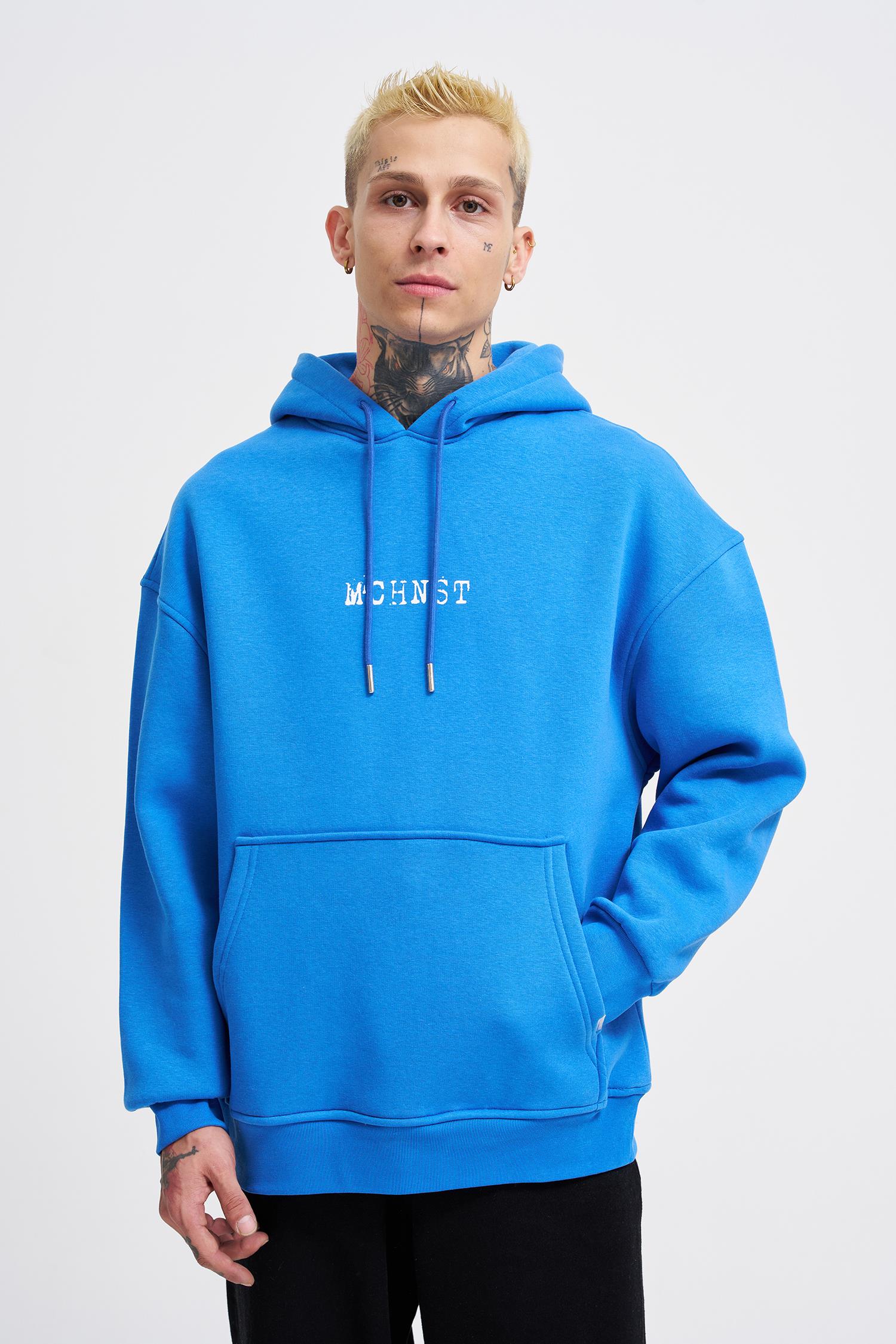 Erkek Good And Evil Baskılı Oversize Sweatshirt Saks Mavi