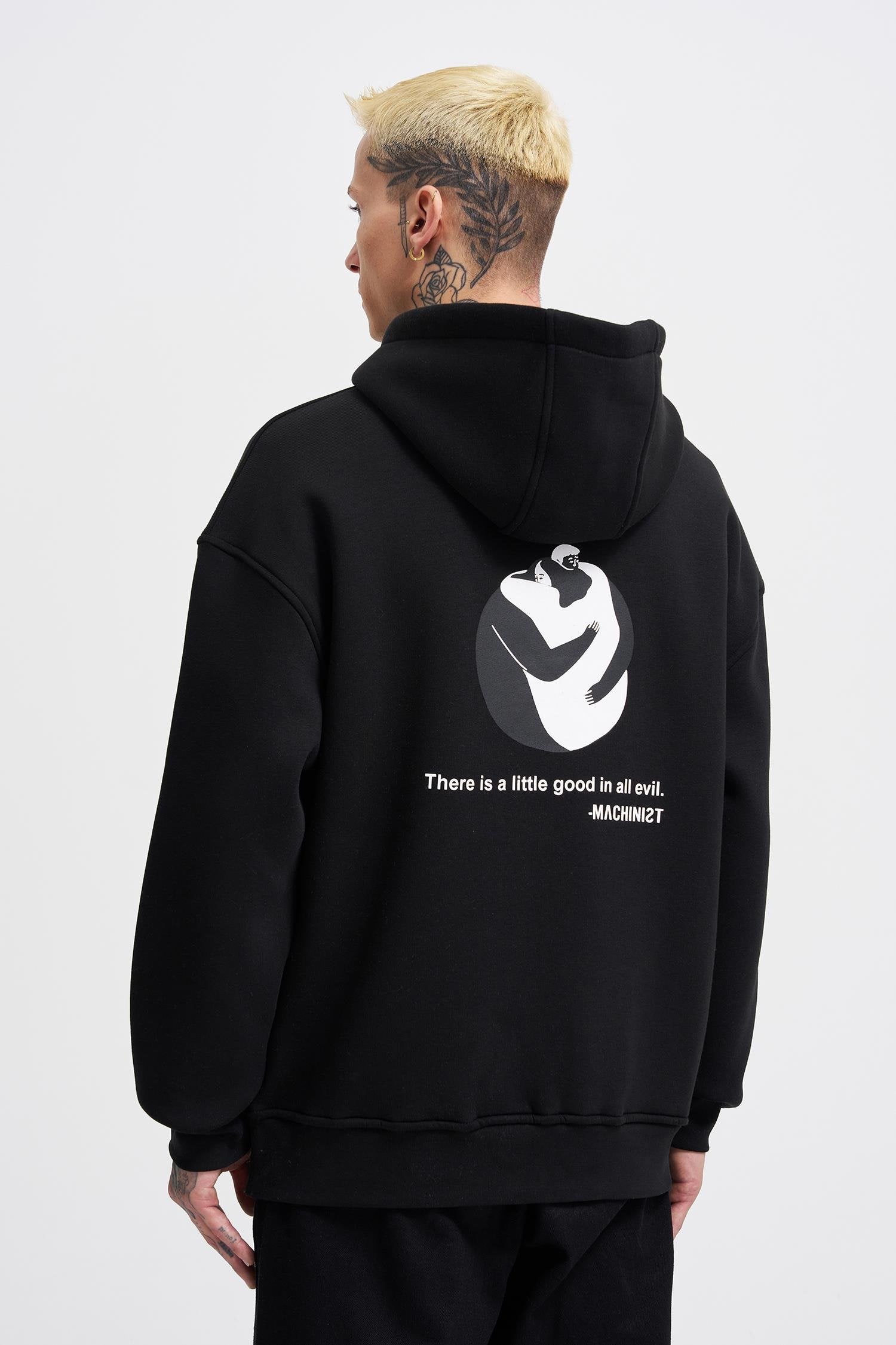 Erkek Good And Evil Baskılı Oversize Sweatshirt Siyah