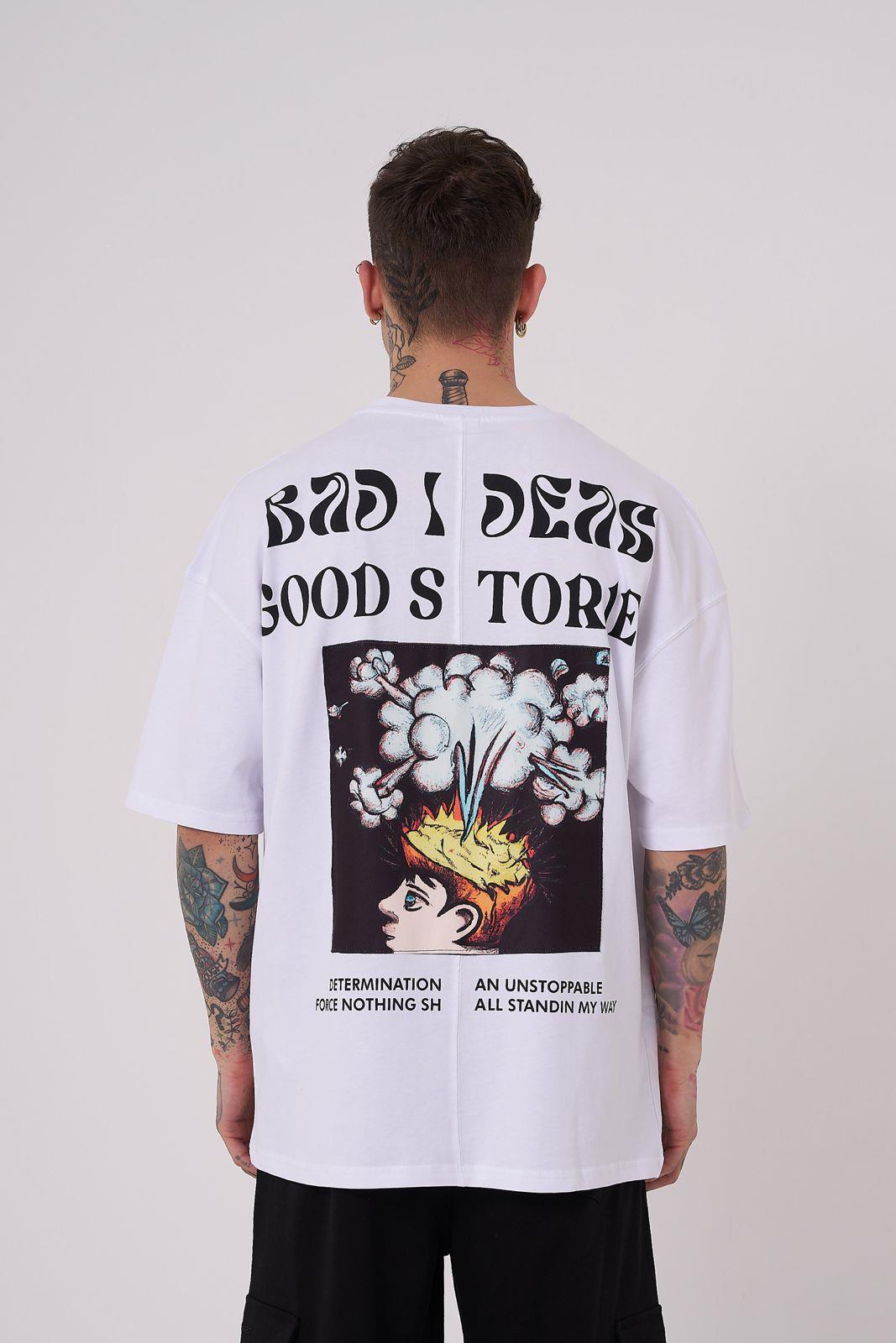 Erkek Good Stories Baskılı Oversize Tişört Beyaz
