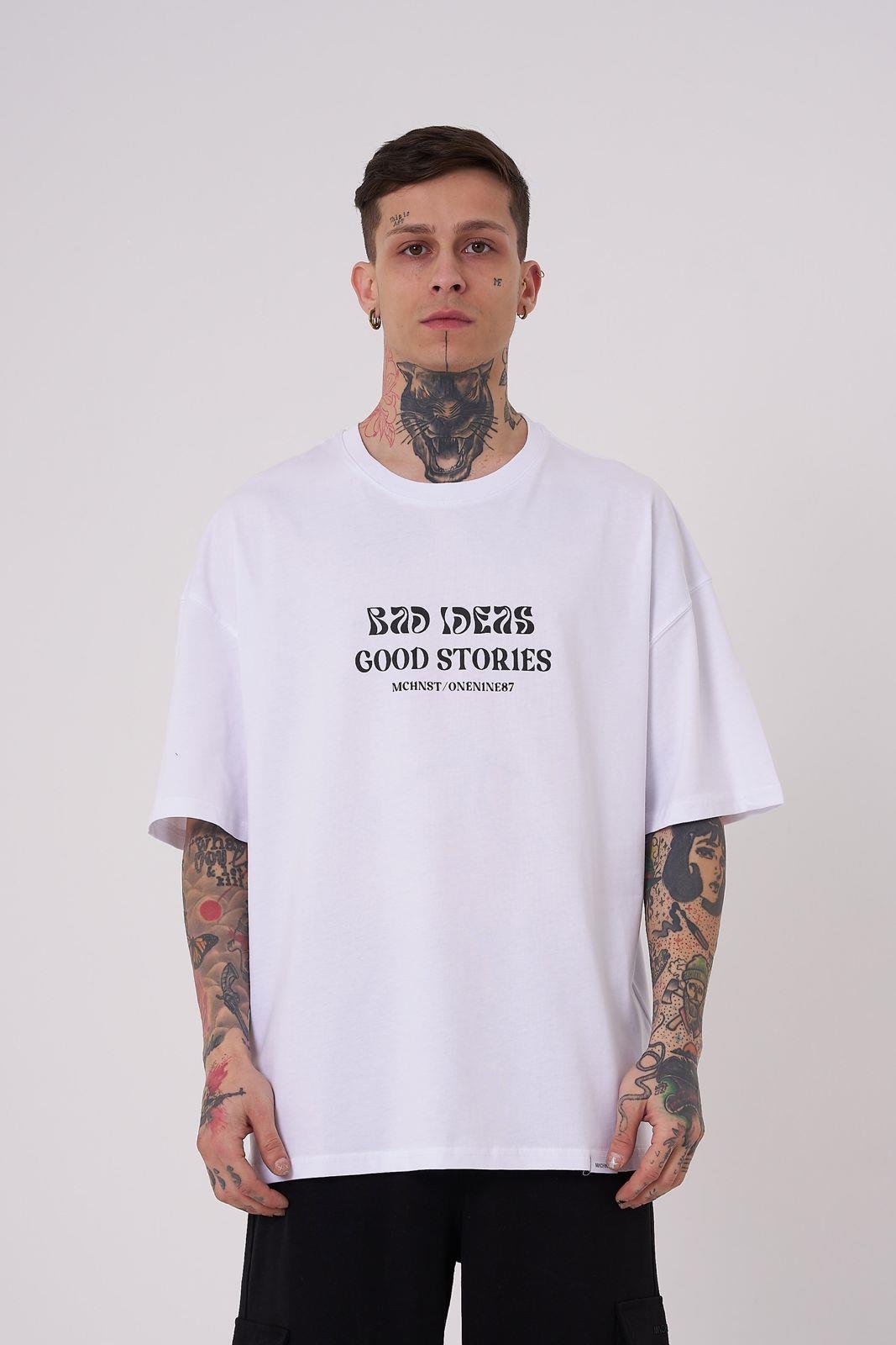Erkek Good Stories Baskılı Oversize Tişört Beyaz