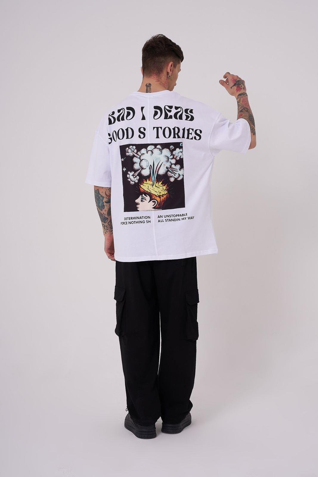 Erkek Good Stories Baskılı Oversize Tişört Beyaz