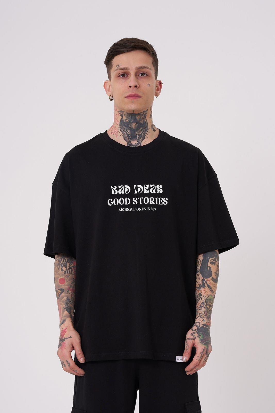 Erkek Good Stories Baskılı Oversize Tişört Siyah