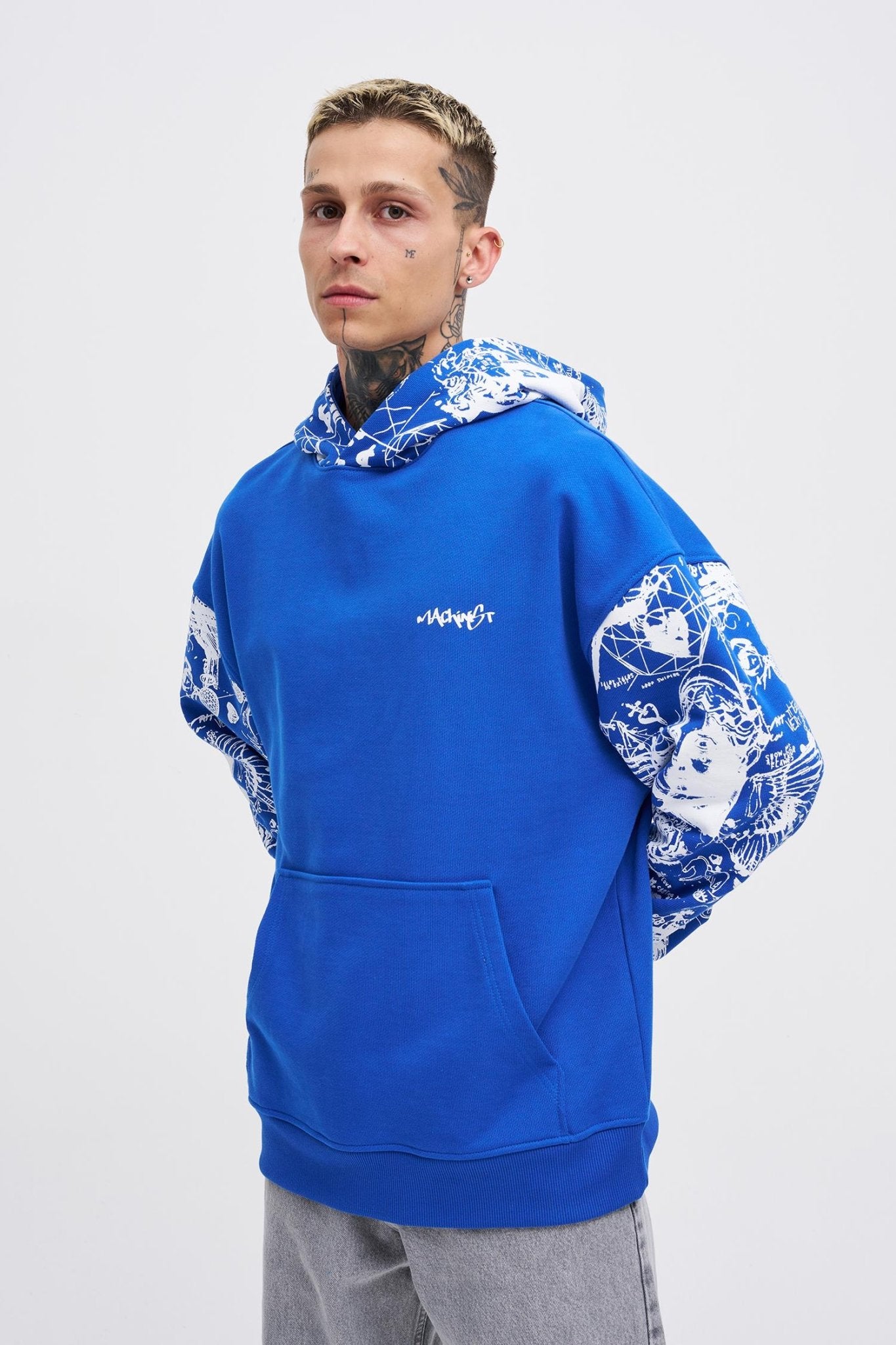 Erkek Graffiti Printed Hoodie Açık Mavi