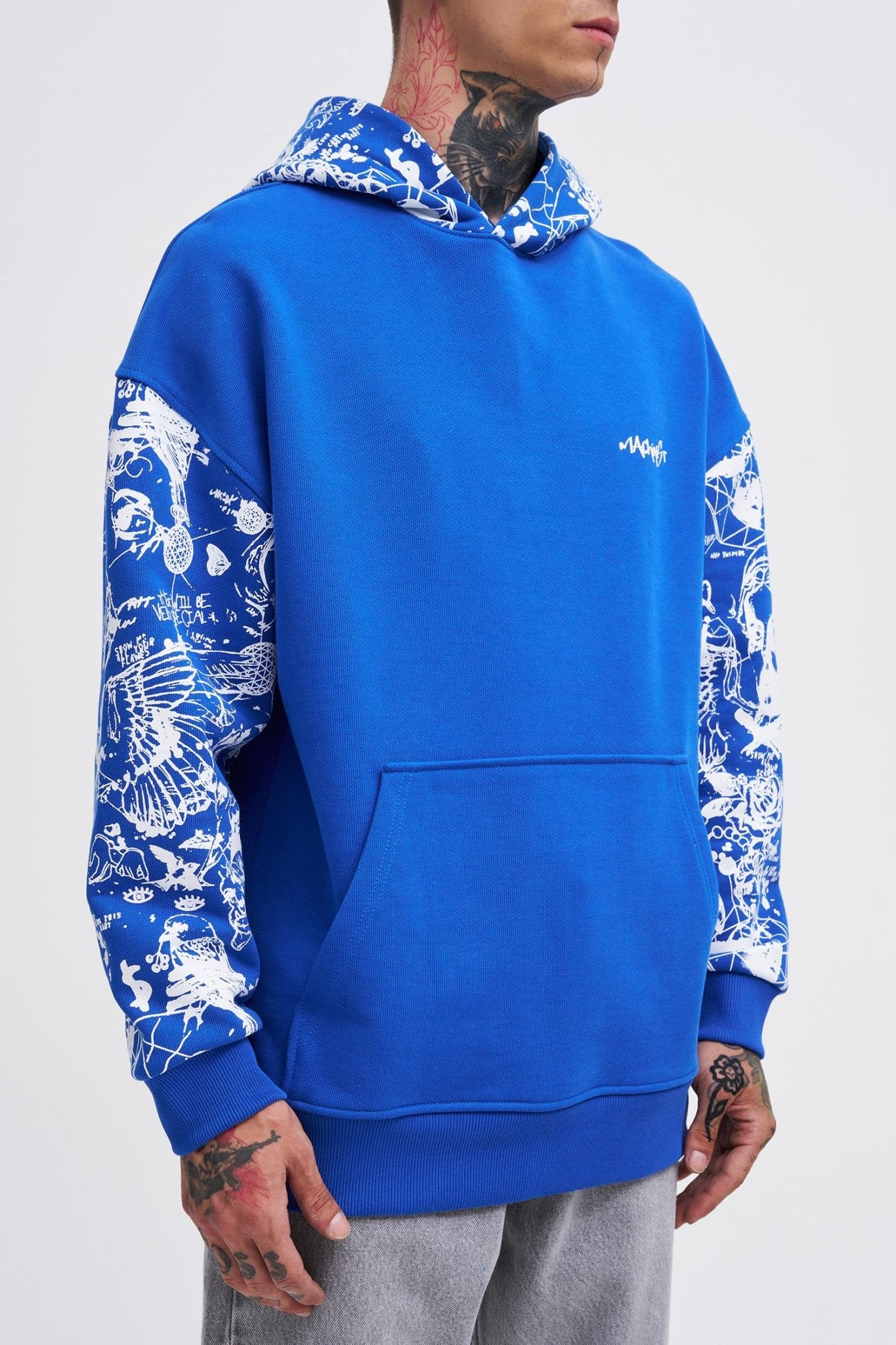 Erkek Graffiti Printed Hoodie Açık Mavi