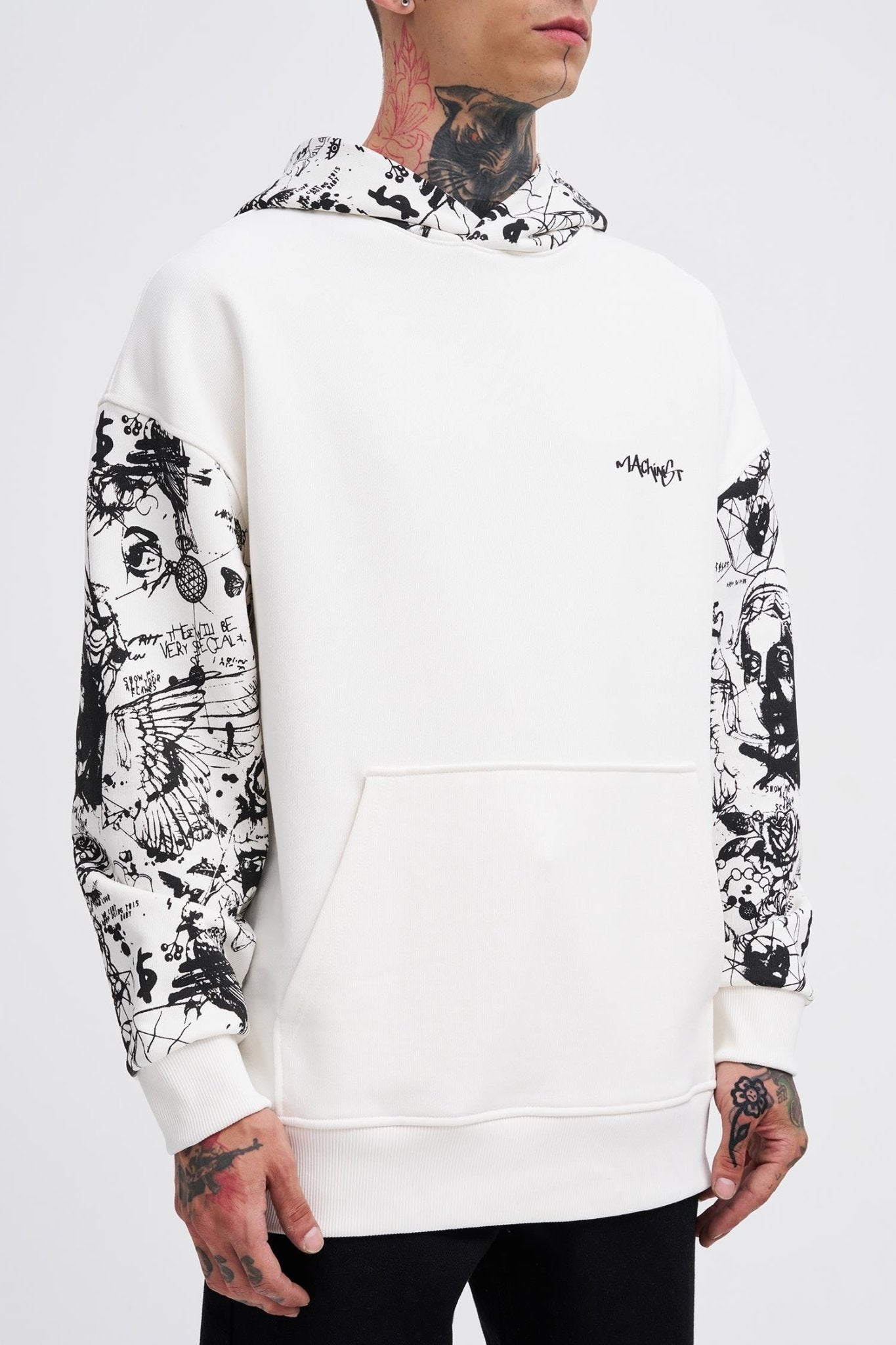 Erkek Graffiti Printed Hoodie Ekru
