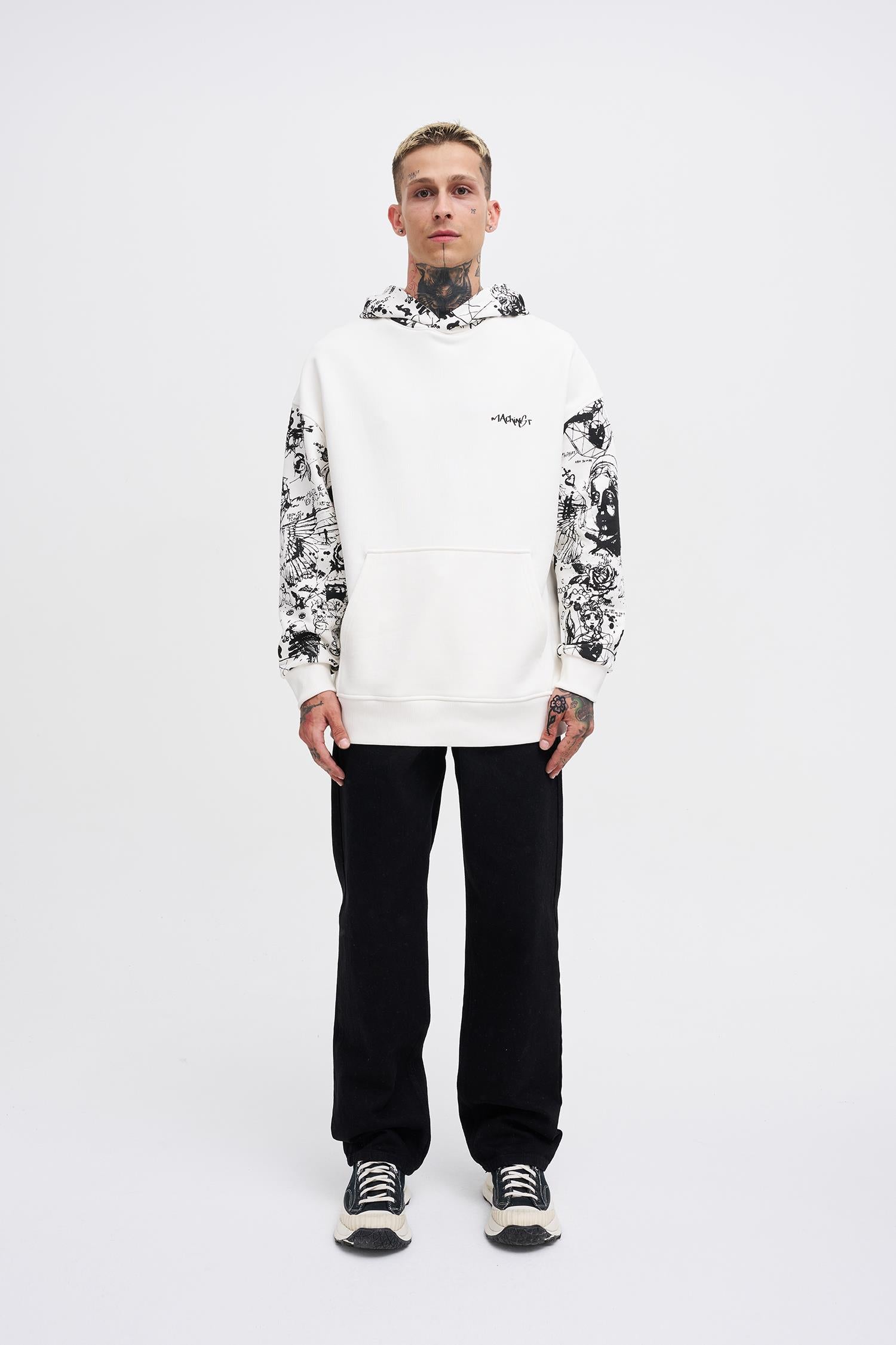 Erkek Graffiti Printed Hoodie Ekru