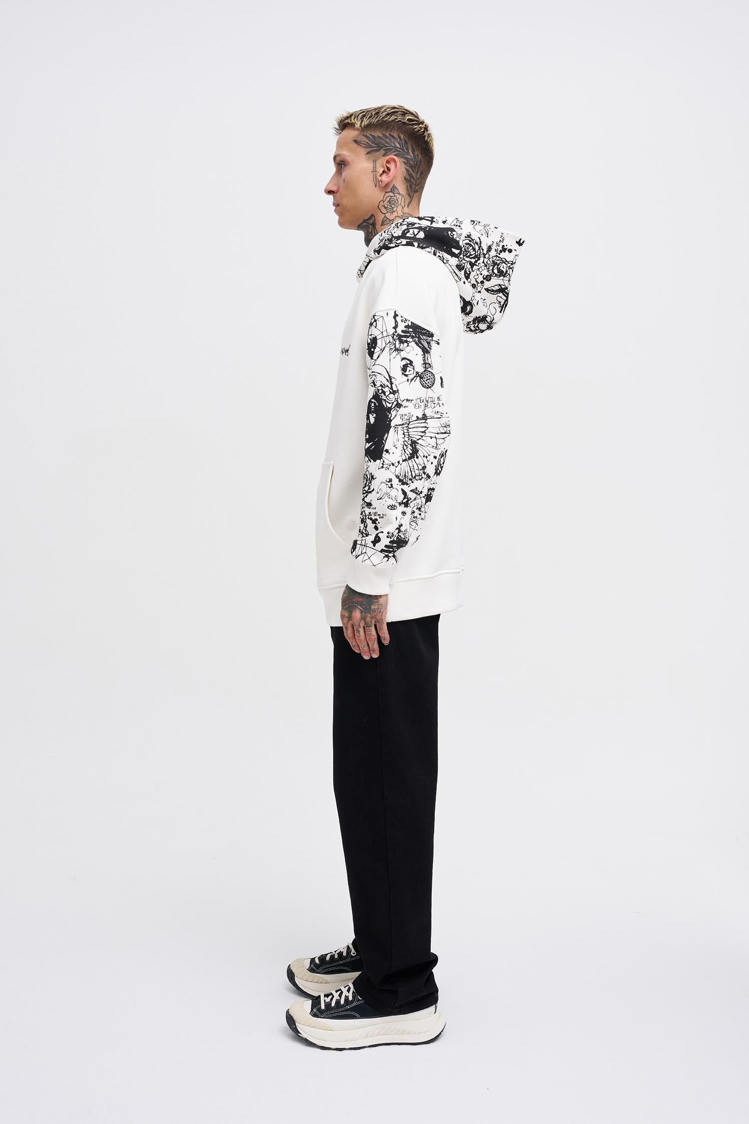 Erkek Graffiti Printed Hoodie Ekru