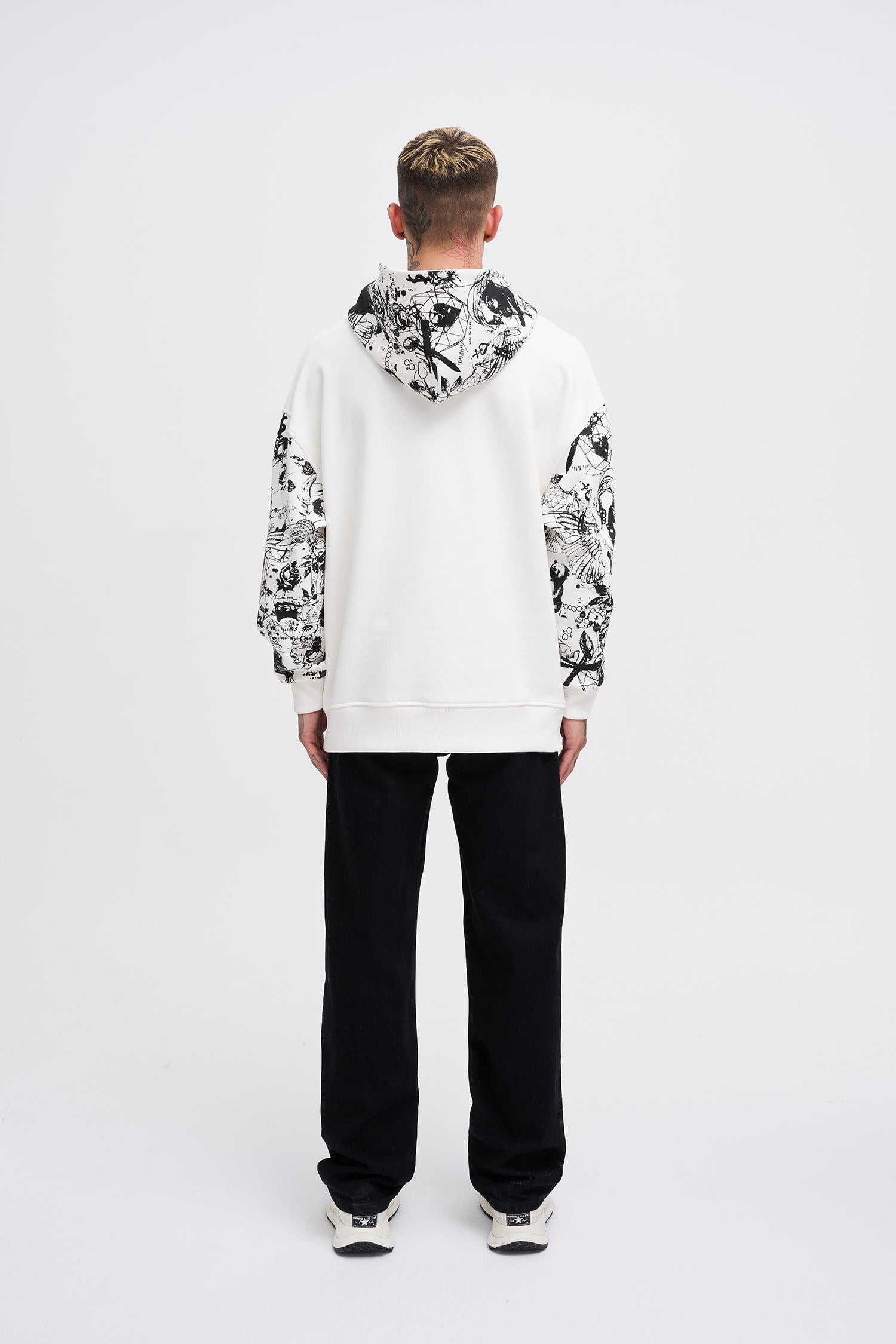 Erkek Graffiti Printed Hoodie Ekru