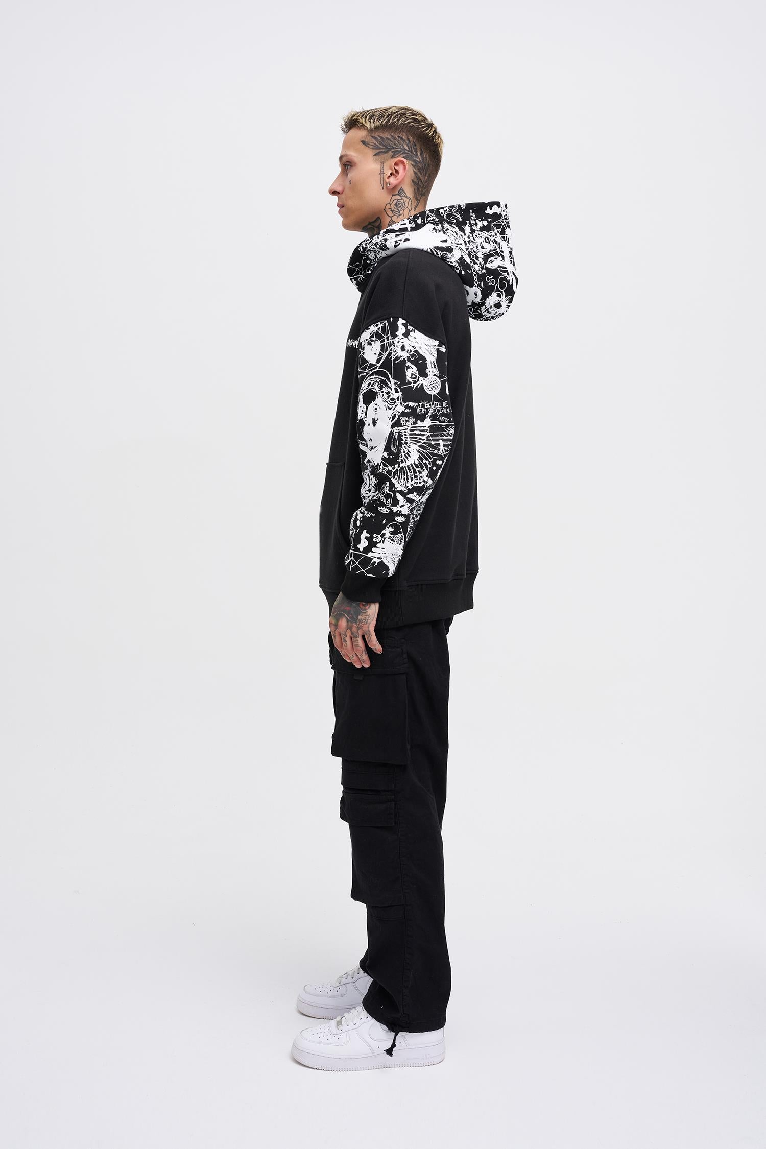 Erkek Graffiti Printed Hoodie Siyah